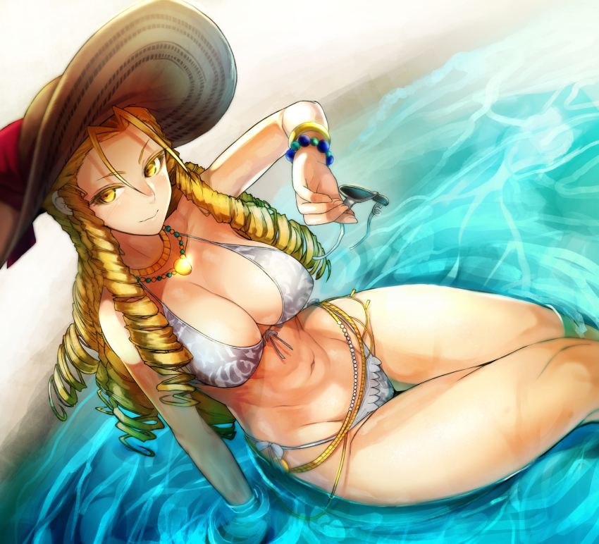 1girls alternate_costume belly_chain big_breasts bikini blonde_hair blush bracelet breasts cleavage drill_hair female female_only from_above glasses hat highres holding holding_removed_eyewear huge_breasts jewelry karin_kanzuki large_breasts long_hair looking_at_viewer navel necklace nishiide_kengorou partially_submerged sitting smile solo stomach street_fighter street_fighter_v sun_hat sunglasses sunglasses_removed swimsuit unworn_eyewear water yellow_eyes