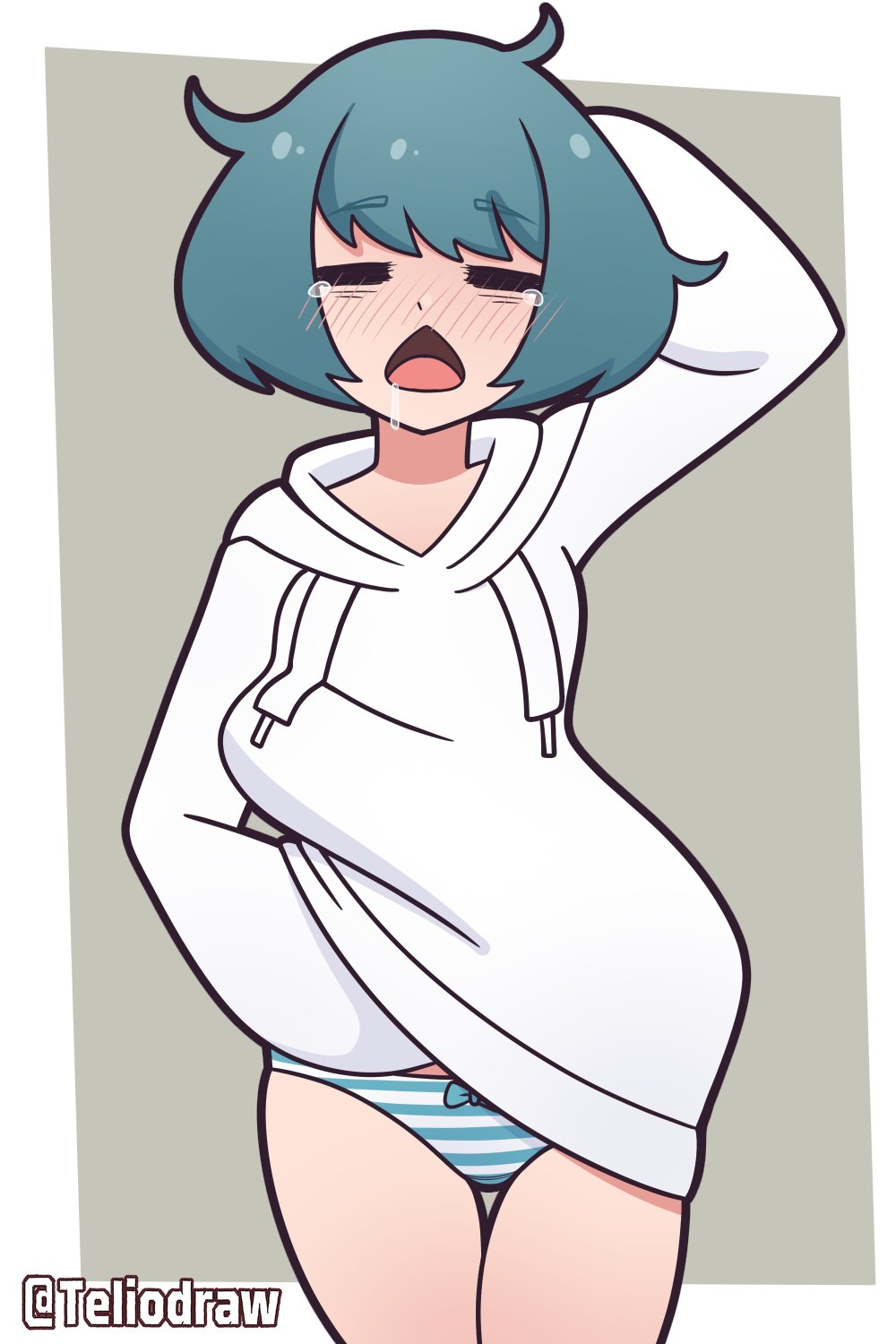 1girls 2023 blush bow_panties closed_eyes cute drooling green_hair green_panties hoodie hoodie_lift no_pants open_mouth original panties saliva short_hair standing striped_panties tagme tears teliodraw thighs tired twitter_username watermark