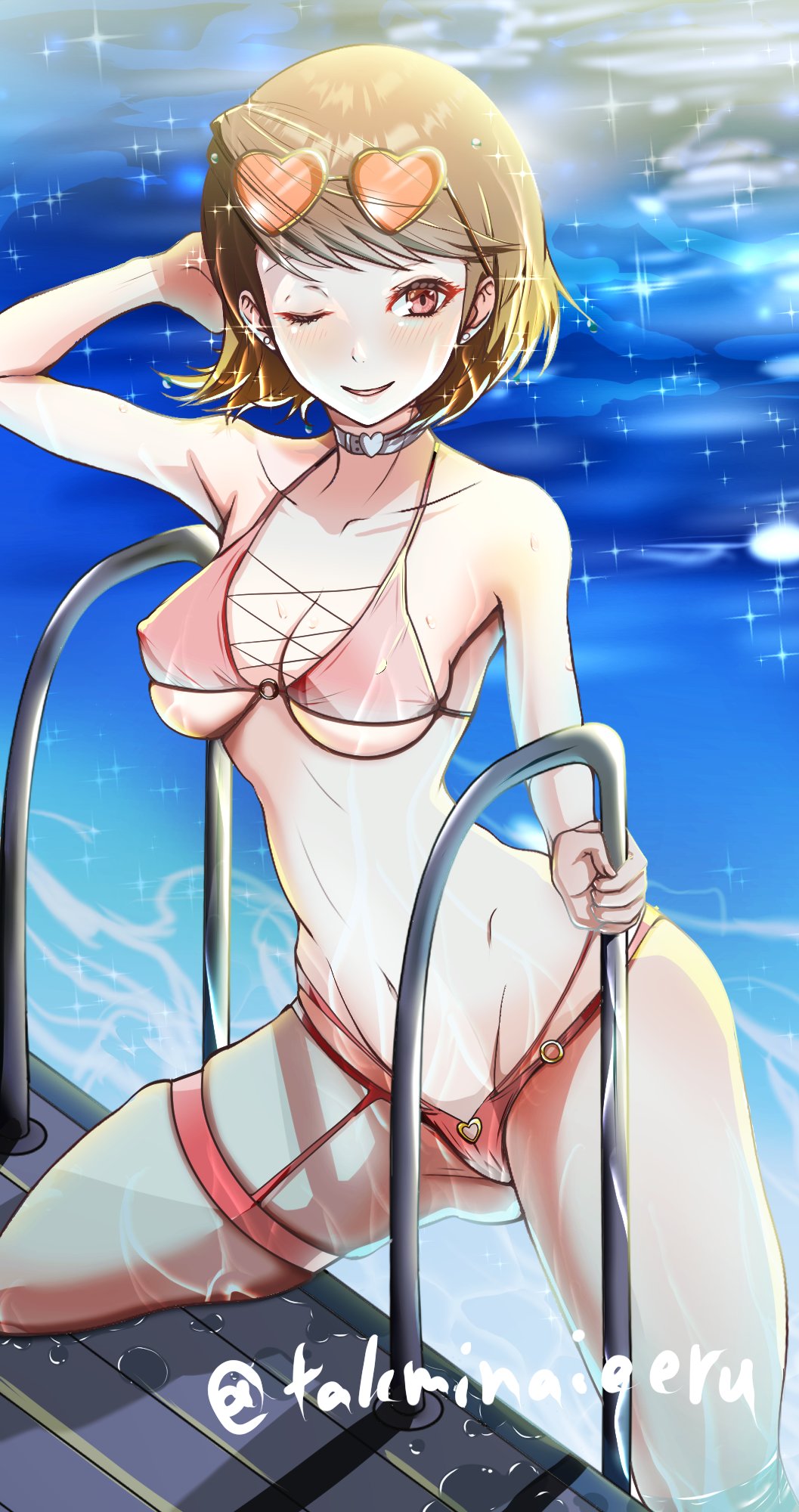 atlus breasts female female_only one_eye_closed persona persona_3 solo swimsuit takeminaieeru yukari_takeba