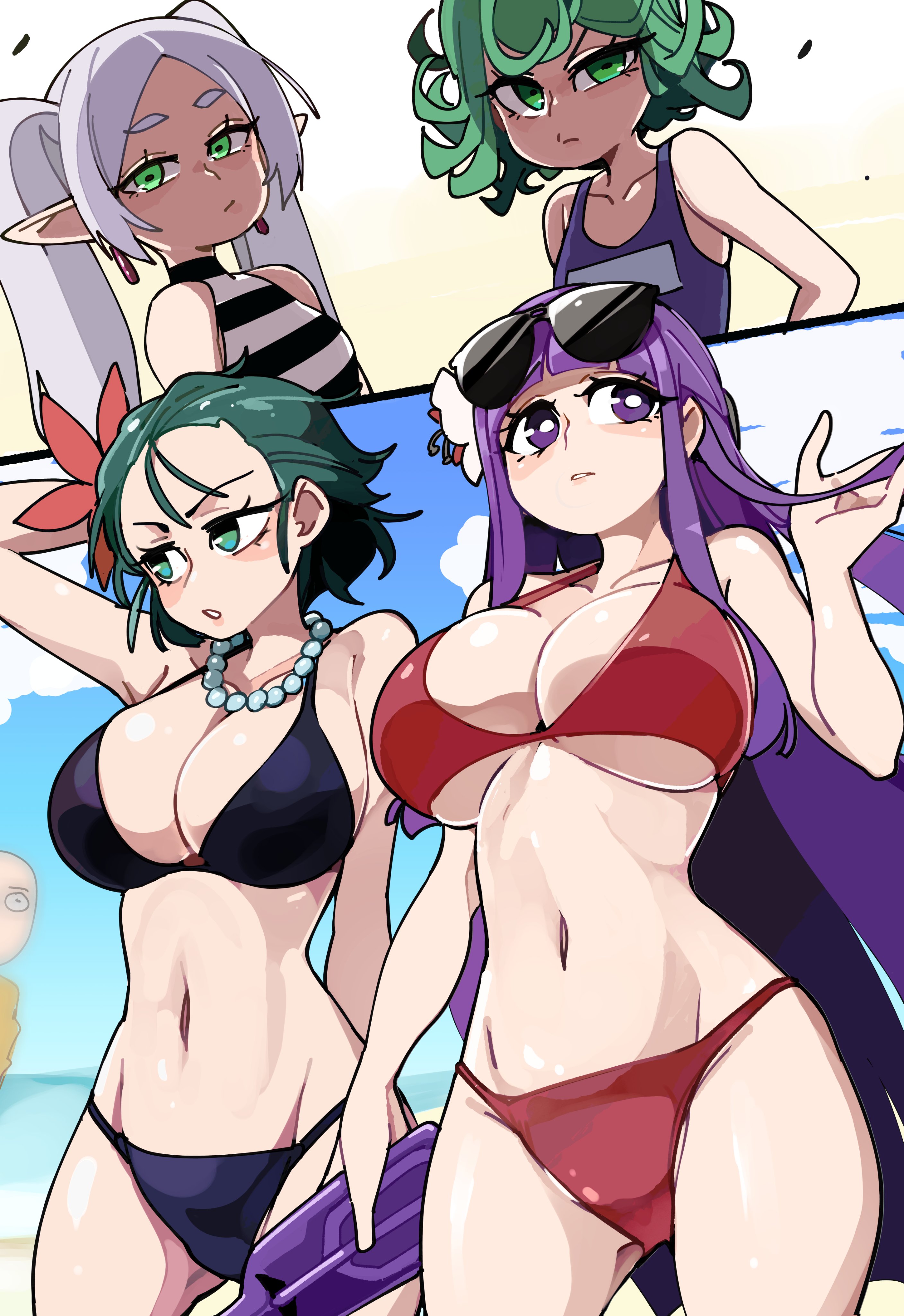 4girls, absurd res, bangs, big breasts, bikini, blunt bangs, bongfillstudent, breast envy, breasts, crossover, elf, elf ears, elf female, female, female only, fern (sousou no frieren), flower in hair, frieren, fubuki (one-punch man), green eyes, green hair, long hair, one-punch man, pearl necklace, purple eyes, purple hair, saitama, sousou no frieren, sunglasses on head, swimsuit, tatsumaki, white hair