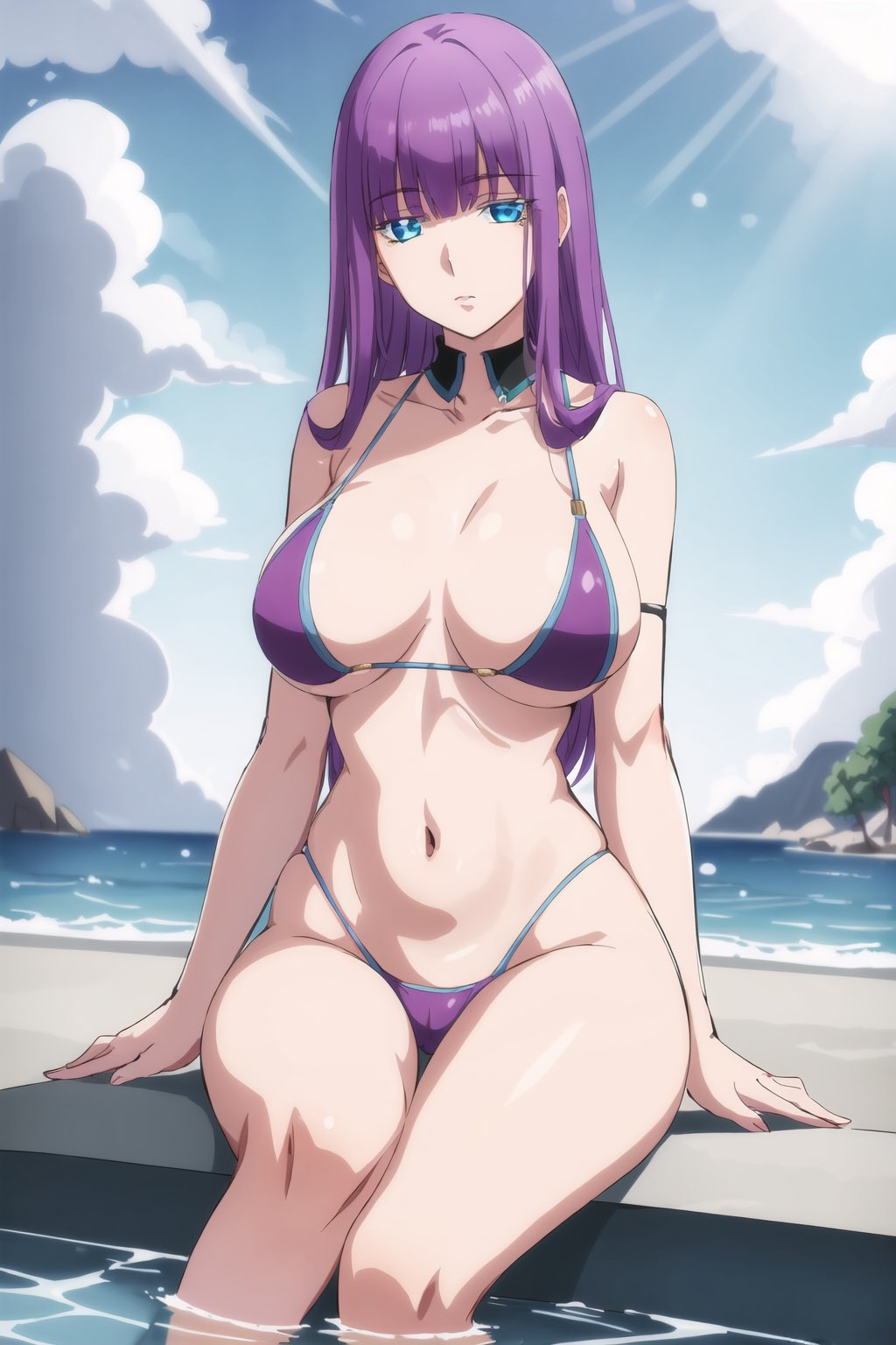 ai_generated aqua_eyes beach bikini breasts highres large_breasts navel purple_bikini purple_hair shuumatsu_no_harem sitting stomach sun suou_mira swimsuit