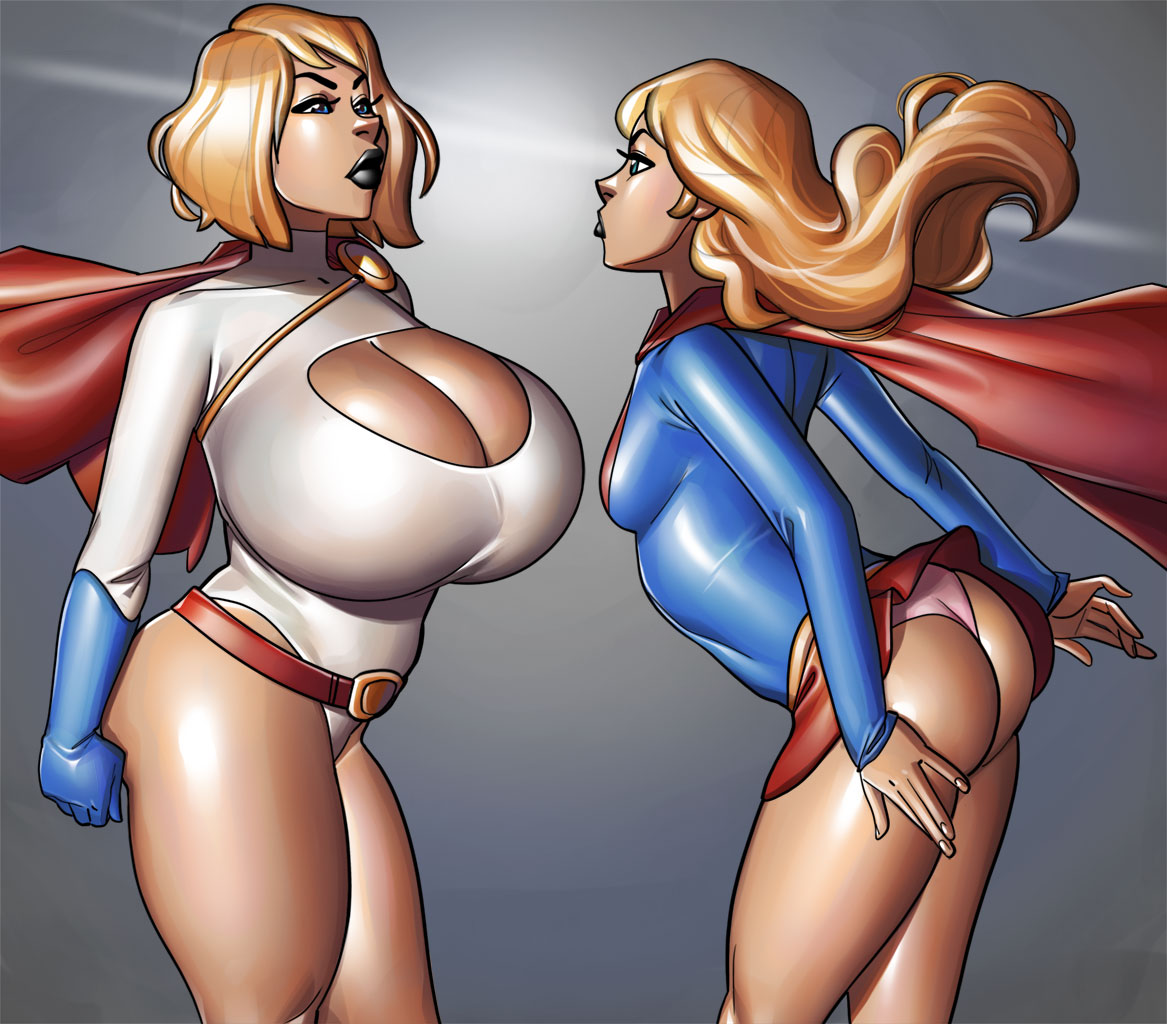 2girls big_ass big_breasts big_butt blonde_hair breast_envy breast_size_difference cleavage cleavage_cutout dc dc_comics female female_focus female_only huge_breasts kara_danvers kara_zor-el kara_zor-l karen_starr light-skinned_female light_skin long_hair multiple_girls ph power_girl skirt_up supergirl superheroine superman_(series) thick_thighs