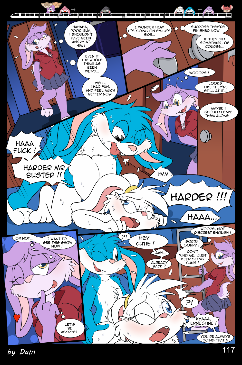 3_toes 4_fingers anthro babs_bunny breasts buster_bunny clothed clothing comic dam_(artist) dialogue english_text feet female fifi_la_fume fingers group hi_res lagomorph leporid male mammal mephitid page_117 page_number plantigrade rabbit skunk speech_bubble text tiny_toon_adventures toes toons toony train vehicle warner_brothers