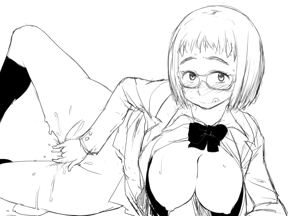 blush breasts female fingering glasses kiseijuu large_breasts parasyte_the_maxim pussy_juice school_uniform socks tachikawa_yuuko white_background