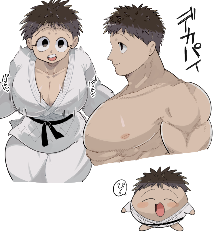 big_breasts bouncing_breasts brown_hair cleavage dgz_0 dougi female genderswap_(mtf) hayami_masaki kengan_(series) kengan_omega looking_at_viewer male martial_arts martial_arts_uniform muscular muscular_male rule_63 short_hair smile solo very_short_hair