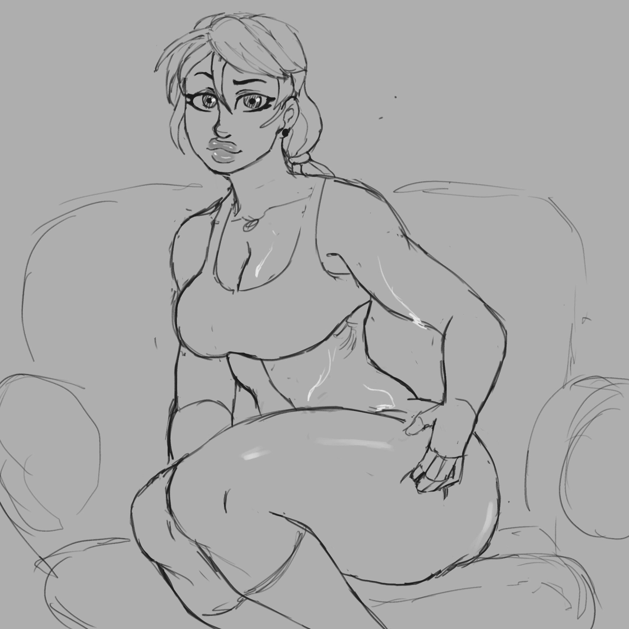bottomless, diamond is unbreakable, hair between eyes, hand on thigh, jojo's bizarre adventure, jumbogumbo, long hair, ponytail, shinobu kawajiri, stockings, thick lips, thick thighs