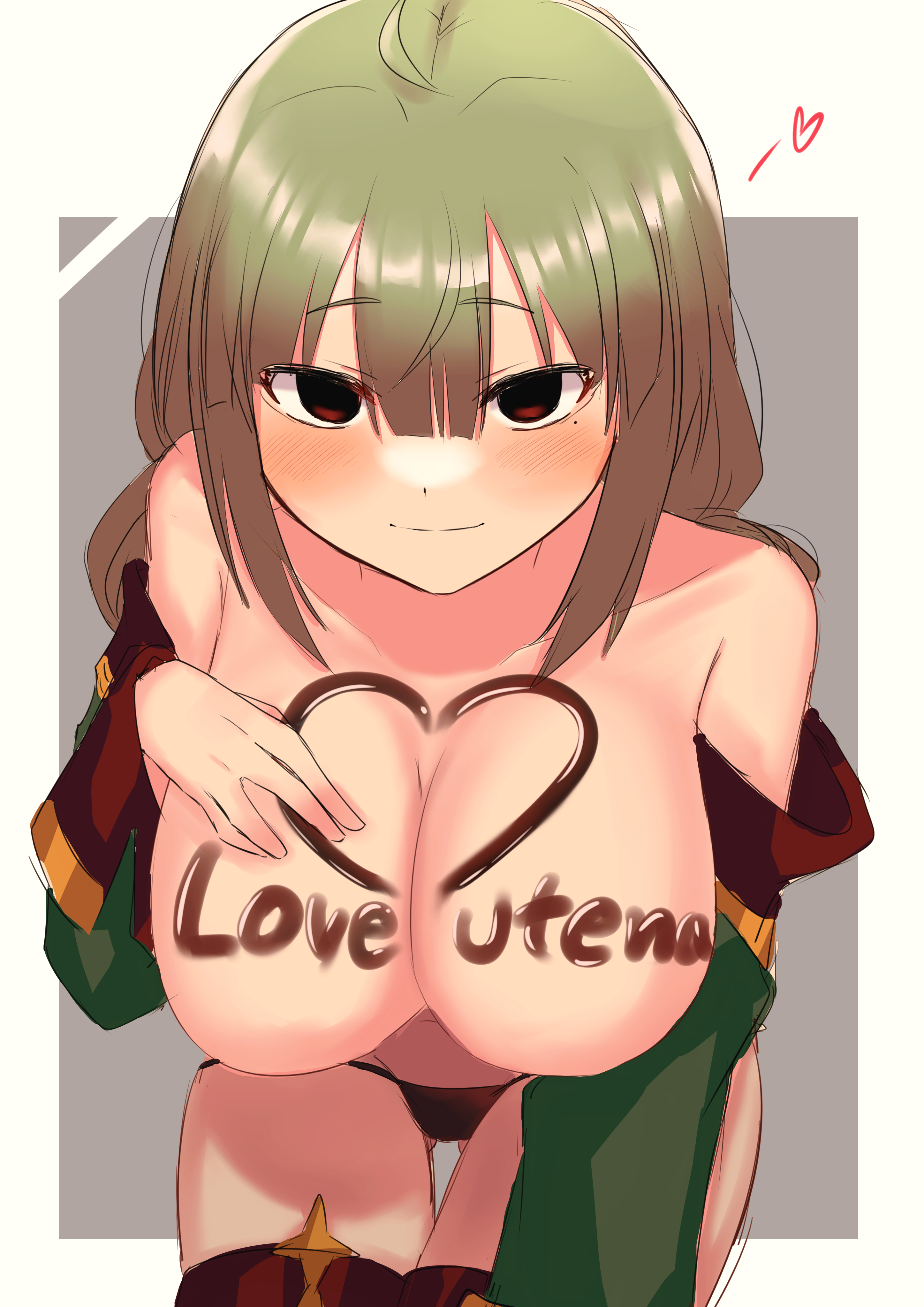 1girls, araga kiwi, body writing, breasts, chaonin, female, female only, large breasts, leopard (mahou shoujo ni akogarete), mahou shoujo ni akogarete, solo, thong, topless, topless female, yuri