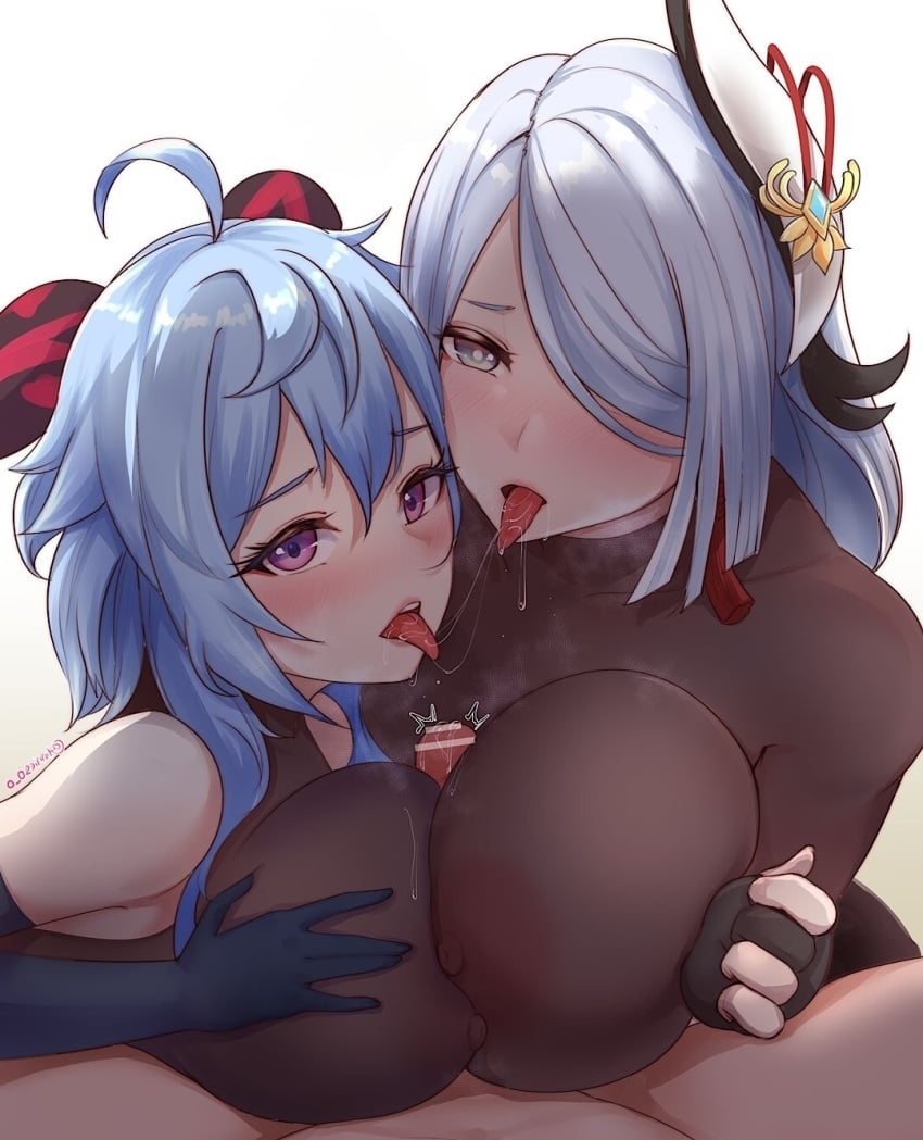 1futa 2girls areolae bar_censor between_breasts big_breasts blue_hair bodystocking bodysuit breast_hold breast_press breasts breasts_squeezed_together censored clothed clothing cooperative_paizuri covered_erect_nipples double_paizuri dripping drooling duo_focus elbow_gloves fellatio female female_focus fully_clothed futa_on_female futanari ganyu_(genshin_impact) ganyu_(twilight_blossom)_(genshin_impact) genshin_impact gloves grey_eyes hair_ornament highres horns humanoid large_breasts light light-skinned_female light_skin long_hair looking_at_viewer lying multiple_girls naughty_face nipples on_back oral paizuri paizuri_over_clothes penis purple_eyes saliva see-through shenhe_(frostflower_dew)_(genshin_impact) shenhe_(genshin_impact) spread_legs stepsister stepsisters symmetrical_docking thighs threesome tinnies tongue tongue_out upper_body white_hair