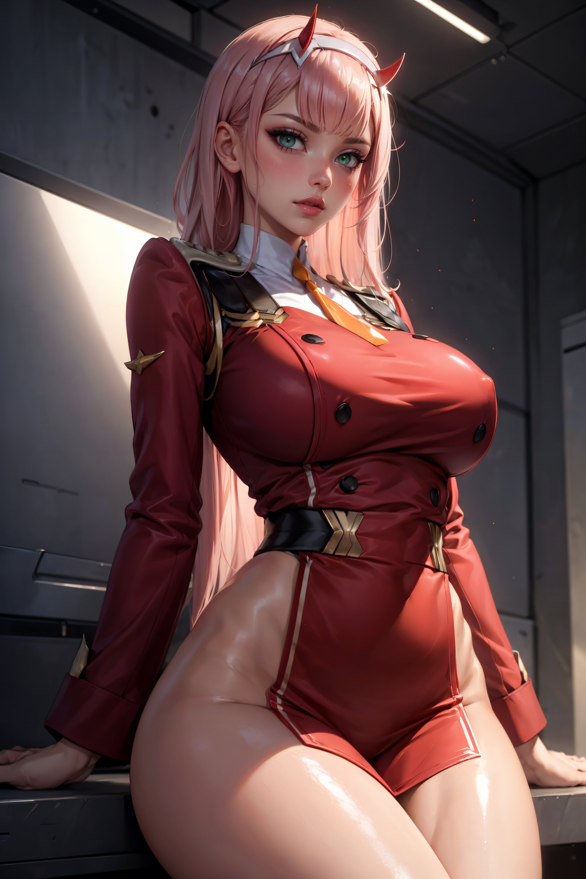 1girls, 2d, ai generated, big breasts, breasts, darling in the franxx, female, league69, long hair, no panties, no pants, pink hair, thick thighs, zero two (darling in the franxx)
