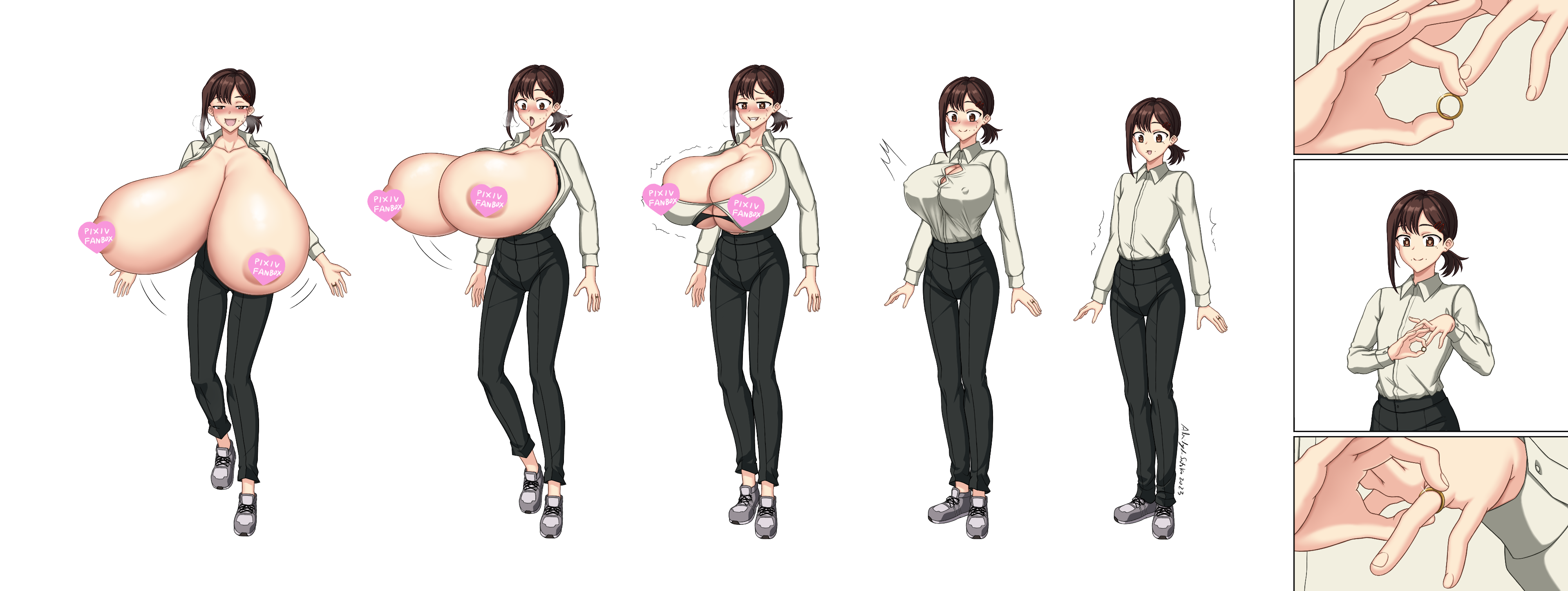 1girls, abridged-satoko, alternate breast size, breast expansion, breast growth, breast growth (enlargement), breasts, brown hair, censored, chainsaw man, cleavage, female, gigantic breasts, higashiyama kobeni, huge breasts, tagme