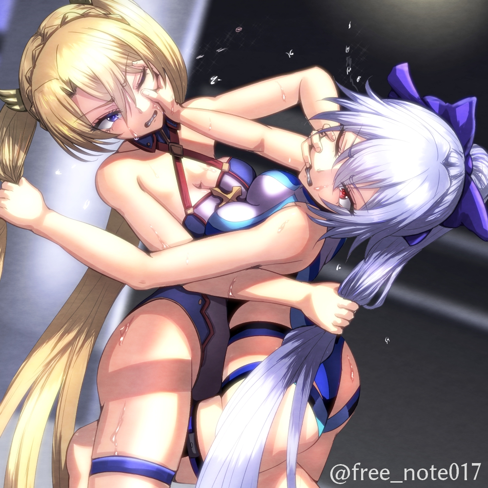 2girls ahoge angry angry_face annoyed annoyed_expression annoyed_face artist_name artist_signature battle big_breasts black_background blonde_hair blue_bow blue_eyes blue_leotard blue_ribbon blue_sandals blue_swimsuit blue_swimwear boots bow boxing boxing_ring bradamante_(fate) braid braided_hair braids breast_press breast_squeeze breasts catfight close-up close_up crown_braid fate/grand_order fate_(series) fight fighting fighting_ring free_note017 furrowed_eyebrows glare glaring gritted_teeth gritting_teeth hair_ornament hair_ribbon hairbow legs legs_apart legs_spread leotard light-skinned_female light_skin long_hair long_legs multiple_girls one_eye_closed open_mouth ponytail ponytails pose posing pulling pulling_hair punch punching pushing pushing_away red_eyes ribbon sandals simple_background skin_tight skin_tight_suit skinny skinny_girl skintight skintight_suit spotlight spotlights spread_legs spreading_legs sweat sweatdrop sweating sweaty sweaty_thighs swimsuit swimwear thigh_boots thighs thin_female thin_waist tied_hair tight_clothes tight_clothing tight_fit tight_swimsuit tight_swimwear tomoe_gozen_(fate) tomoe_gozen_(swimsuit_saber) tomoe_gozen_(swimsuit_saber)_(fate) twintails twintails_(hairstyle) very_long_hair white_boots white_hair white_leotard white_swimsuit white_swimwear white_thigh_boots wrestling wrestling_femdom wrestling_ring zoom_in zoomed_view