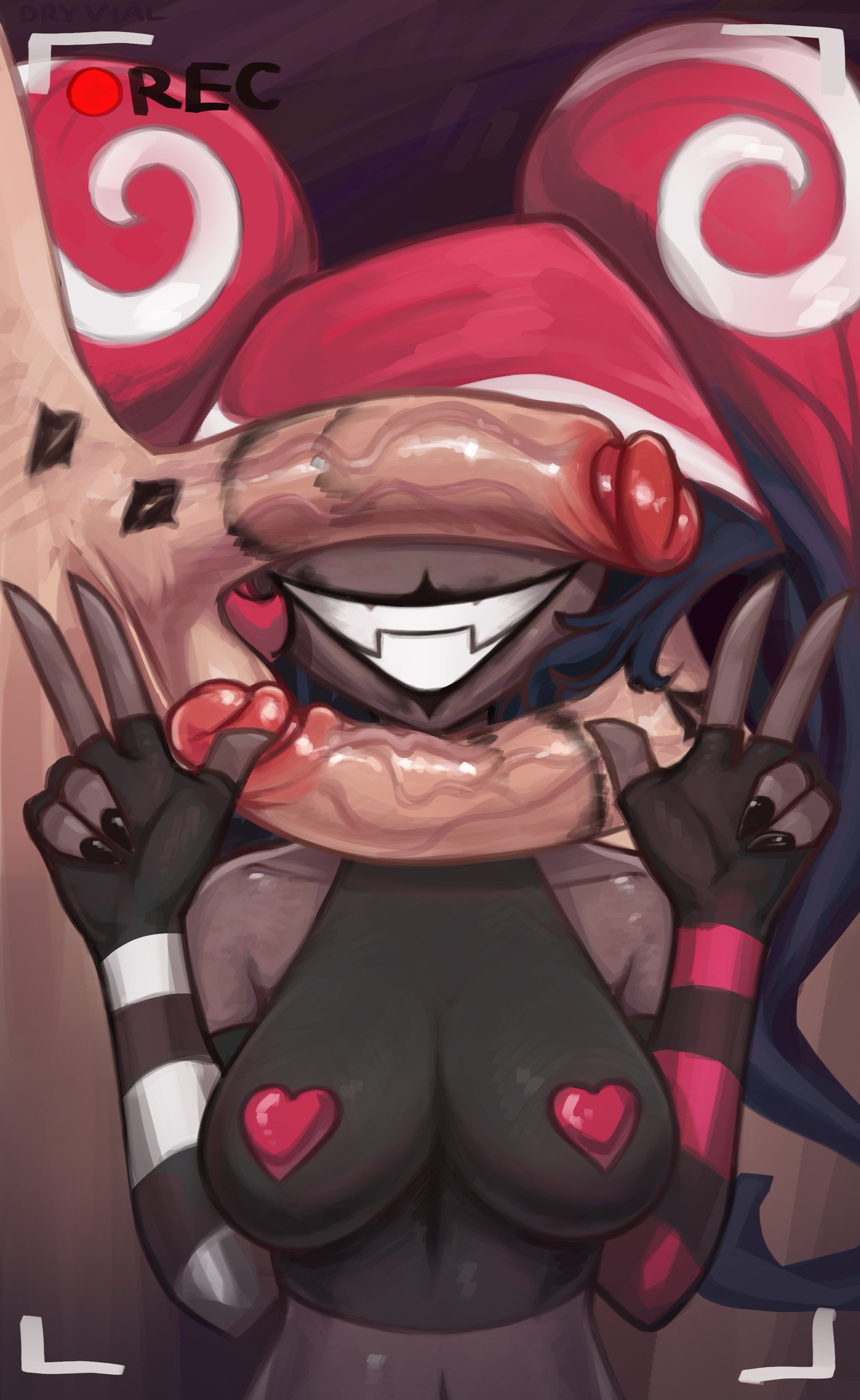 1girls, 2boys, belly, black lipstick, black nails, cant see the haters, dark skin, dark-skinned female, dryvial, female, hazbin hotel, kiss mark, lipstick mark, lipstick ring, male, penis, penis on face, red hair, tagme, velvette