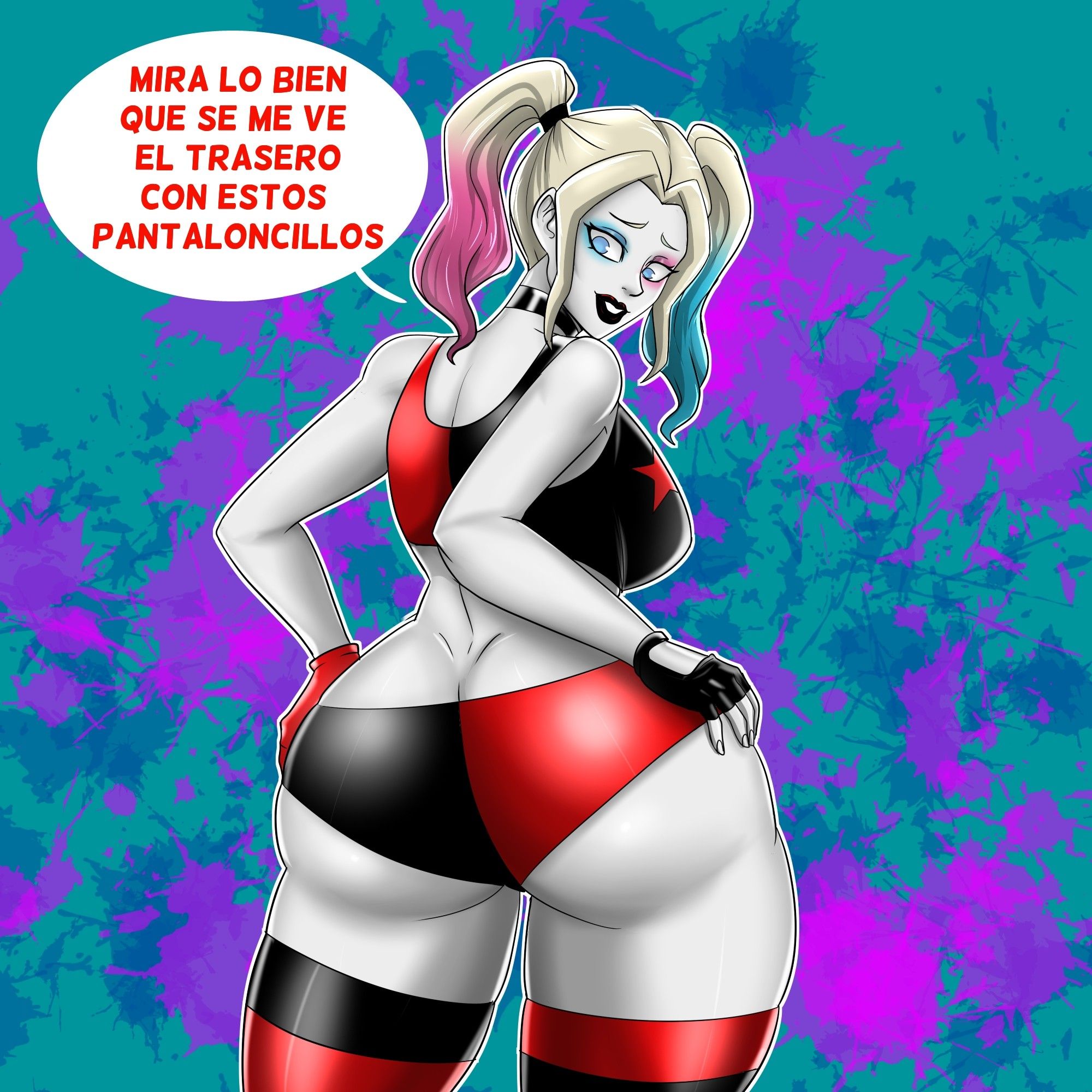 1girls, 2d, ass, ass crack, back view, backboob, big ass, big breasts, black lips, black lipstick, blonde hair, blue eyes, booty shorts, breasts, butt crack, clothed, clothed female, crop top, curvaceous, curvy, curvy female, curvy figure, dc, dc comics, español, female, female only, full color, ghostar, hand on hips, harley quinn, harley quinn (2019), harley quinn (series), huge ass, looking back, multicolored hair, no penetration, non-nude, pale skin, pale-skinned female, rear view, solo, solo female, spanish text, speech bubble, tagme, text, thighhighs, translated, twintails, wide hips
