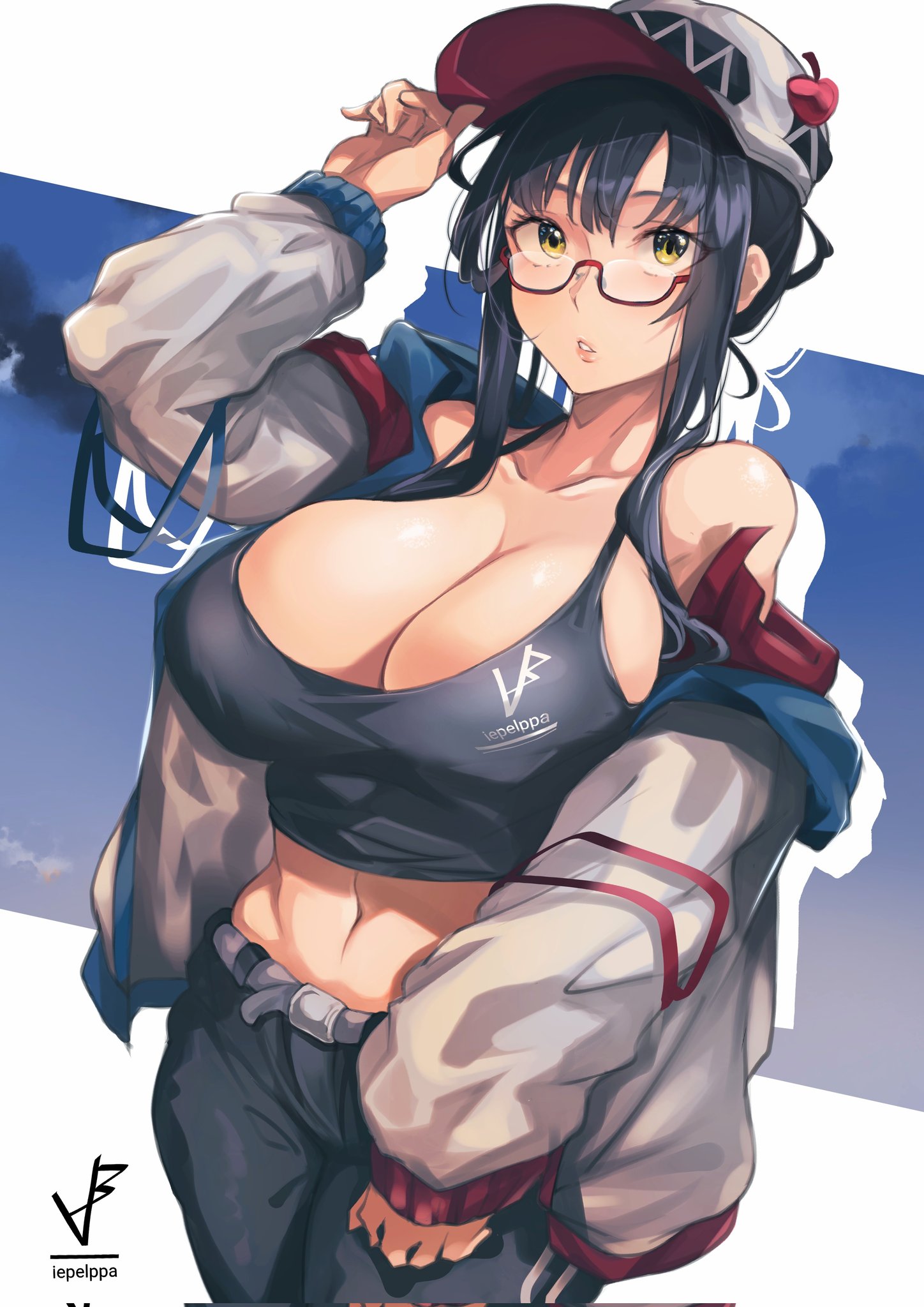1girls, bare belly, bare stomach, big breasts, breasts, cleavage, eipelppa, eyebrows visible through hair, eyelashes, eyes visible through hair, female, female only, glasses, hat, hourglass figure, huge breast, iepelppa, iparuputsua, ipelppa, jacket, large breasts, massive breasts, navel, red glasses