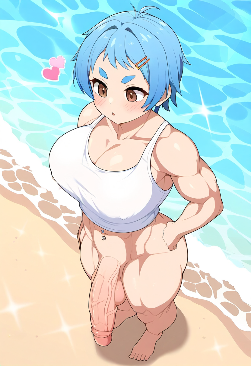 ai_generated barefoot beach biceps big_breasts big_penis blue_hair blush bottomless cleavage functionally_nude functionally_nude_futanari futanari hair_clip hand_on_hip hearts_around_head high-angle_view huge_cock hung_futanari light-skinned_futanari light_skin muscular muscular_futanari muscular_shoulders muscular_thighs navel_piercing nipple_bulge no_bra no_pants penis penis_to_the_knees short_hair short_hair_futa standing tank_top tank_top_only