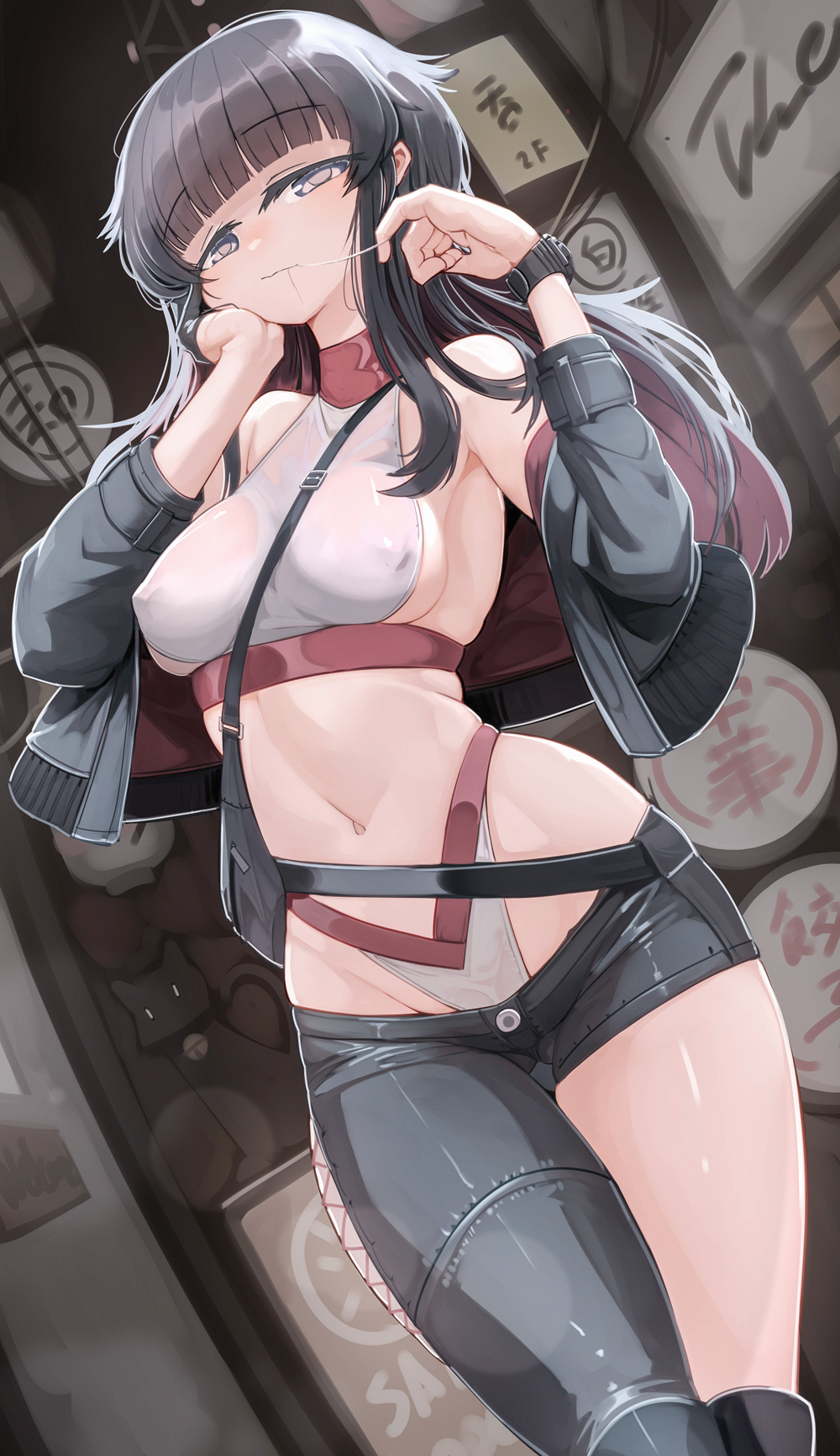 belly_button black_hair breasts brown_eyes genek long_hair looking_at_viewer nipples open_jacket shorts slim_waist teenager thick_thighs tight_clothing topwear wide_hips