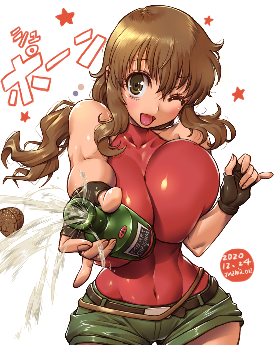 1girls alcohol amania_orz bottle breasts brown_eyes brown_hair christina_sierra cleavage cork covered_navel female gloves green_shorts gundam gundam_00 holding holding_bottle hourglass_figure huge_breasts leotard leotard_under_clothes light-skinned_female long_hair looking_at_viewer one_eye_closed open_mouth red_leotard shiny_skin shorts skin_tight slim_waist smile solo teeth thick_thighs wide_hips wine_bottle