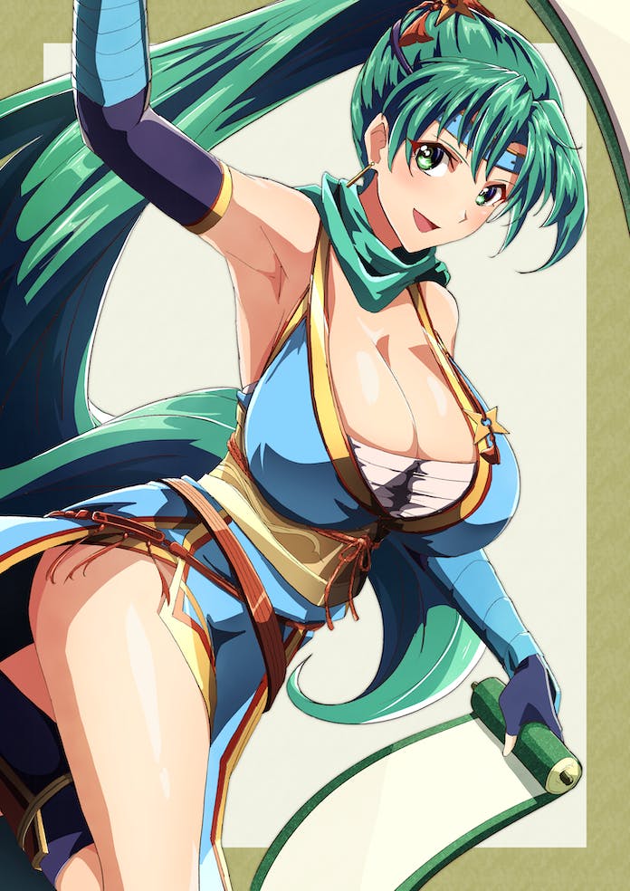 1girls :d alternate_costume arm_up arm_wrap armpits bare_shoulders big_ass big_breasts blue_dress blue_headband blush border breasts chest_sarashi cleavage commentary commission dress earrings english_commentary female female_only fire_emblem fire_emblem:_the_blazing_blade fire_emblem_heroes green_border green_eyes green_hair green_scarf headband holding holding_scroll huge_breasts jewelry jpeg_artifacts large_breasts long_hair looking_at_viewer lyn_(fire_emblem) lyn_(ninja)_(fire_emblem) lyndis_(fire_emblem) nintendo obi obijime official_alternate_costume open_mouth outside_border ponytail sarashi sash scarf scroll shuriken side_slit skeb_commission sleeveless sleeveless_dress smile solo to_(tototo_tk) very_long_hair weapon yellow_sash