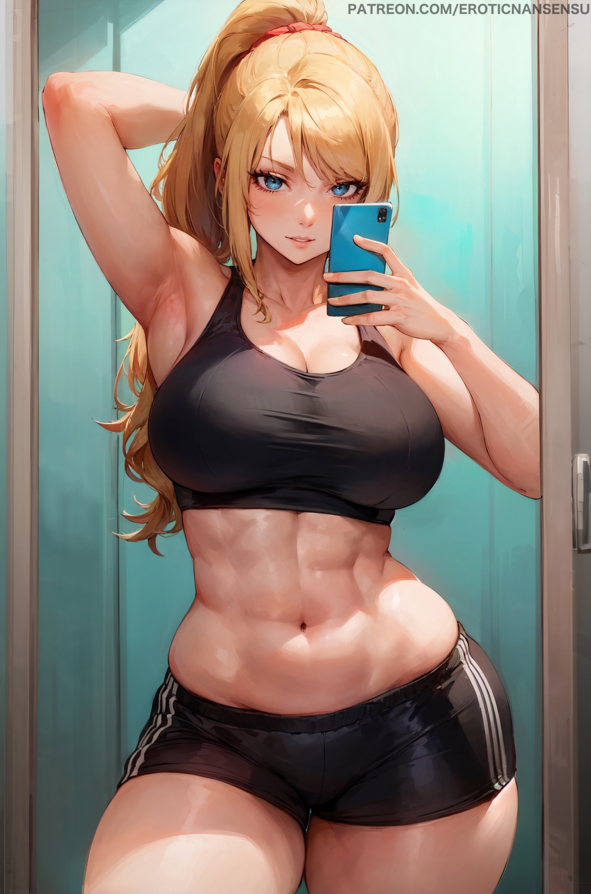 1girls, abs, ai assisted, ai generated, arm up, armpits, bangs, bare thighs, blonde hair, blue eyes, breasts, cleavage, confident, crop top, curvy, dolphin shorts, erotic nansensu, female, gym, gym uniform, hand behind head, large breasts, metroid, midriff, muscular, muscular female, navel, patreon username, ponytail, posing, samus aran, selfie, short shorts, smartphone, smile, solo, sports bra, sportswear, thick thighs