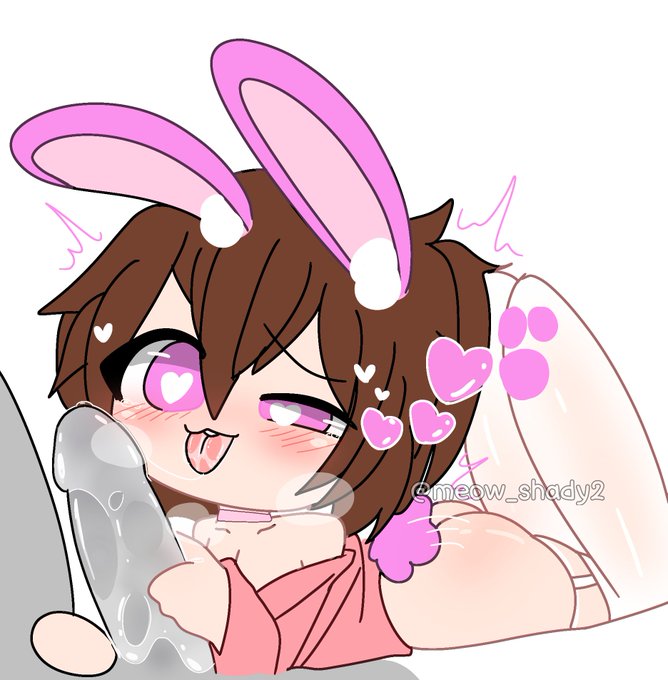 1boy 1girls blowjob blush brown_hair bunny_ears bunny_girl bunny_tail gacha heart-shaped_pupils hearts_around_head holding_penis laying_on_stomach meow_shady2 no_pants oc paw_socks saliva_on_penis