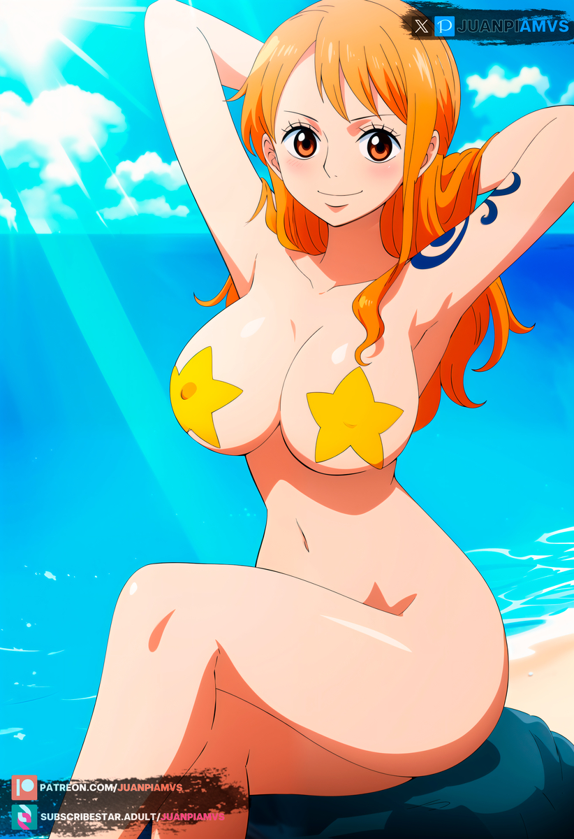 ai_generated arms_up big_ass big_breasts brown_eyes curvy female female_only juanpiamvs long_hair nami nami_(one_piece) ocean one_piece orange_hair patreon patreon_username sea seaside semi_nude sitting sitting_on_rock stars_on_nipples subscribestar subscribestar_username tatoo watermark