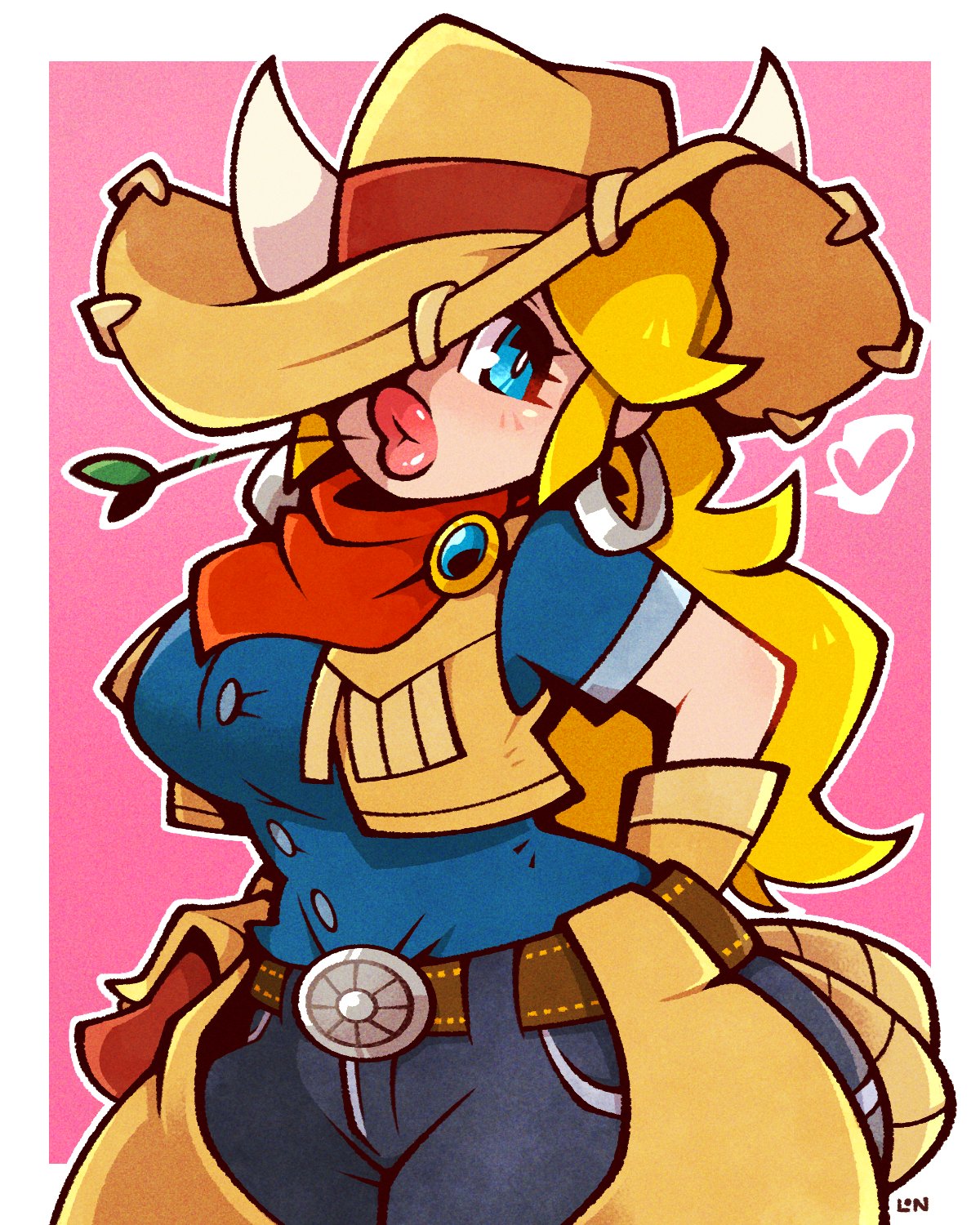 1girls belt blonde_hair blue_eyes blue_shirt border breasts brown_gloves cowboy_hat cowgirl cowgirl_hat cowgirl_outfit cowgirl_peach denim earrings female female_only gloves hat heart highres horns jeans jewelry large_breasts legendofnerd lips long_hair looking_at_viewer mario_(series) mouth_hold nintendo official_alternate_costume one_eye_covered outside_border pants pink_background ponytail princess_peach princess_peach:_showtime! shirt short_sleeves simple_background solo stalk_in_mouth thick_lips white_border