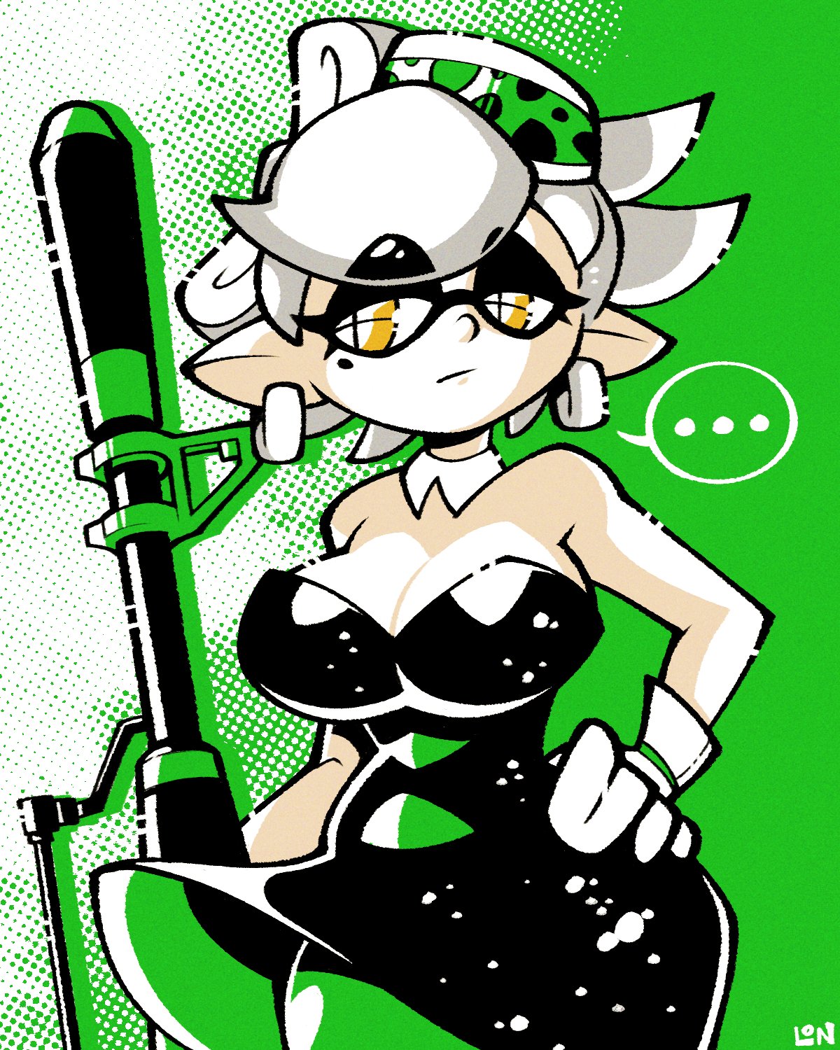 black_dress breasts cleavage legendofnerd marie_(splatoon) short_hair solo splatoon splatoon_2 white_hair