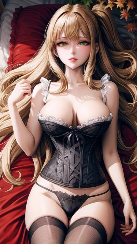 1girls ai_generated big_breasts black_panties blonde_female blonde_hair corset female female_only green_eyes hourglass_figure killerru lace-trimmed_panties lingerie solo