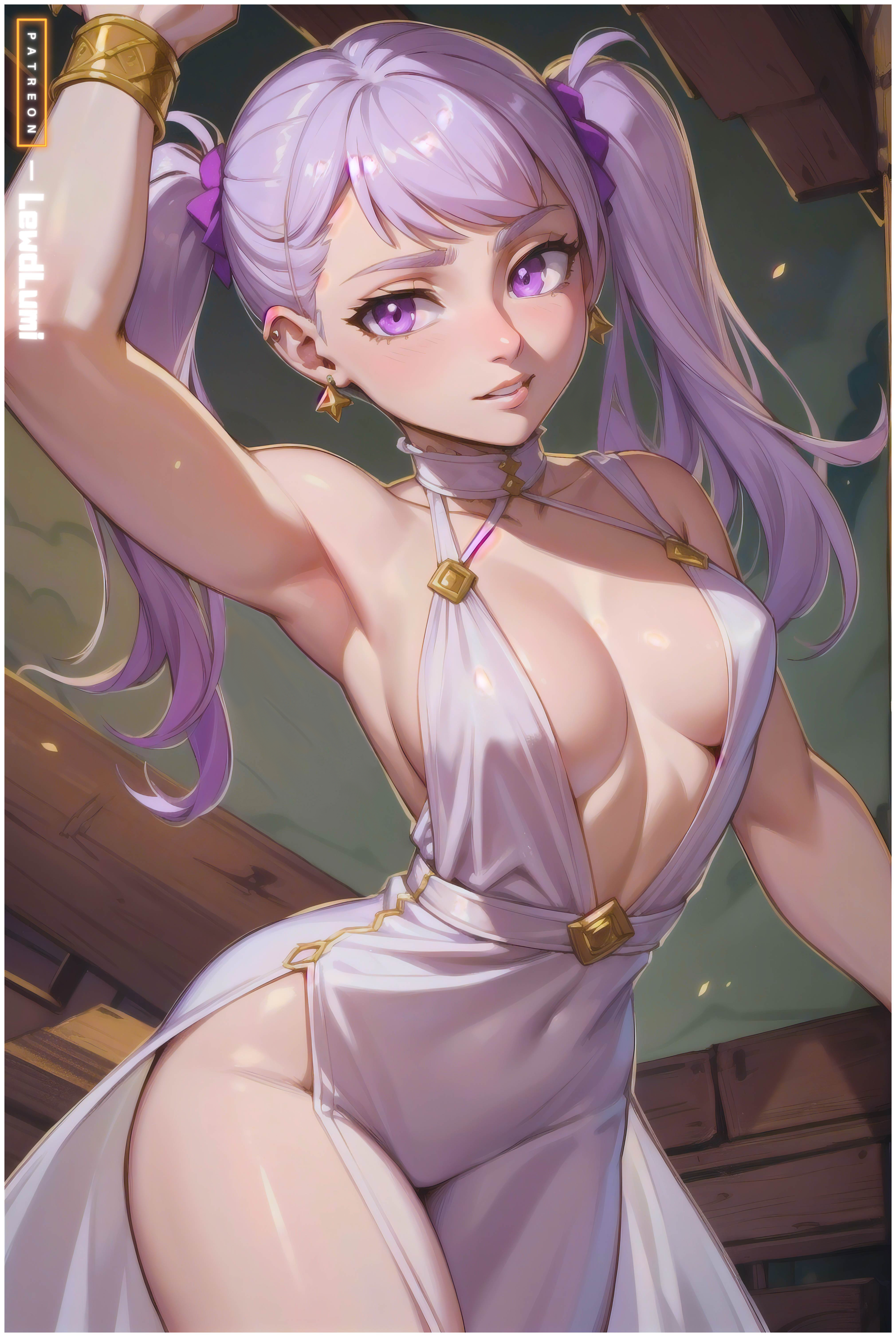 ai generated, armpits, arms up, bangs, black clover, blush, breasts, busty, castle, cleavage, collarbone, detailed background, dress, earrings, female, glowing, jewelry, lewdlumi, library, lips, looking at viewer, night, noelle silva, patreon logo, pov, purple eyes, purple hair, solo, stockings, tagme, thick thighs, thin waist, toned, twintails, white hair