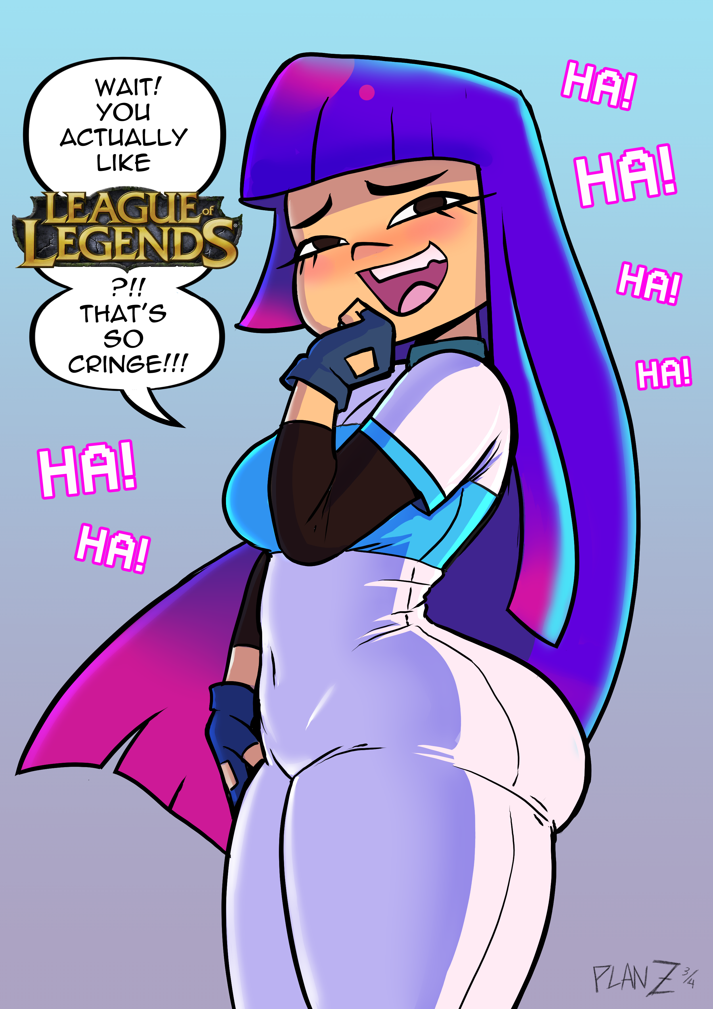 1girls, alternate version available, ass, big ass, bodysuit, bottom heavy, breasts, bubble ass, bubble butt, clothing, dialogue, english text, fat ass, female, female only, glitch techs, huge ass, insult, large ass, laugh, laughing, looking at viewer, miko kubota, planz34, purple hair, smug, solo, talking to viewer, taunting, text, thick ass, thick thighs, wide hips