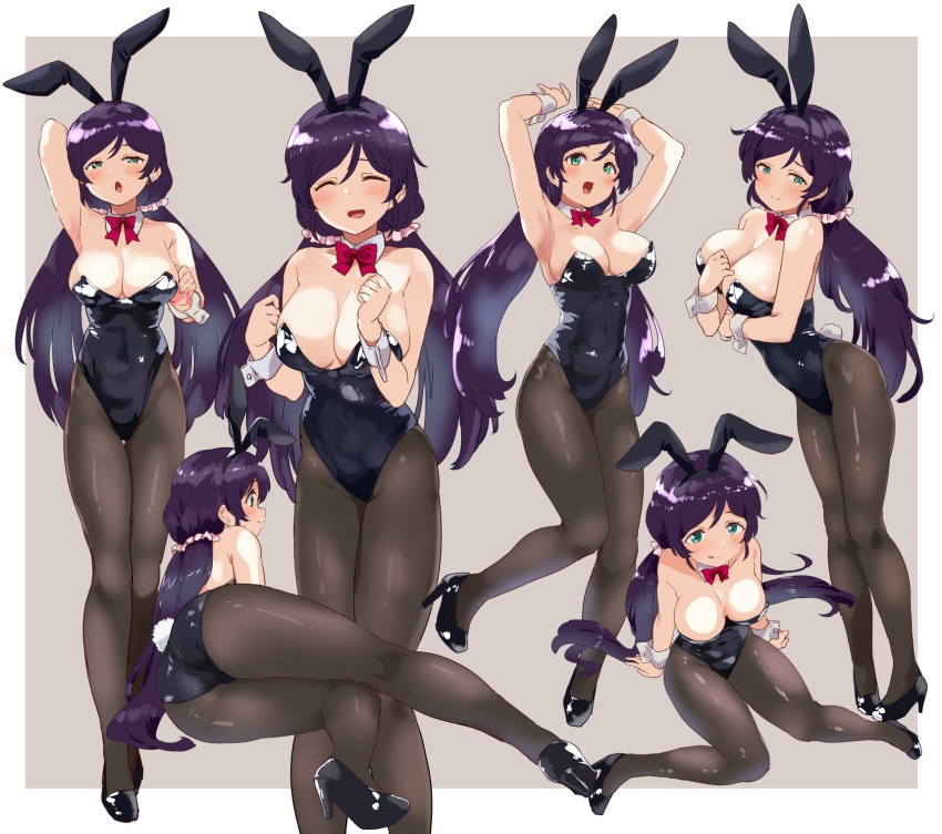 animal_ears aqua_eyes armpits arms_up big_breasts black_leotard black_pantyhose border bow bowtie breasts cleavage closed_eyes cowboy_shot detached_collar facing_viewer fake_animal_ears feet_out_of_frame female full_body grey_background highres kurokawa_makoto large_breasts leotard long_hair looking_at_viewer love_live! love_live!_school_idol_project low_twintails multiple_views pantyhose parted_bangs playboy_bunny purple_hair rabbit_ears rabbit_tail red_bow red_bowtie sitting smile standing strapless strapless_leotard swept_bangs tail thighband_pantyhose toujou_nozomi twintails two-tone_background white_border wrist_cuffs yokozuwari