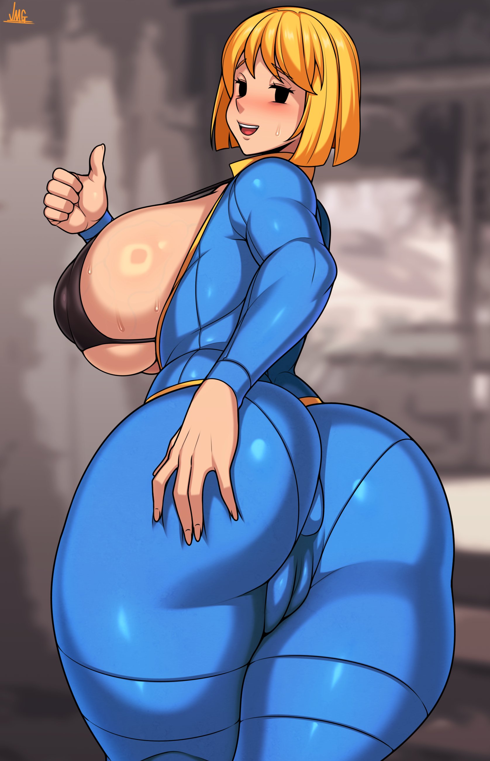 1girls, alternate version available, ass, big ass, big breasts, black bra, black eyes, blonde hair, blue bodysuit, bodysuit, bra, breasts, clothing, fallout, female, female only, hair, hand on ass, huge ass, huge breasts, human, jmg, looking back, mob face, open bodysuit, pantylines, short hair, solo, solo female, sweat, sweatdrop, thick thighs, thighs, thumbs up, tight clothing, vault dweller, vault girl, vault suit