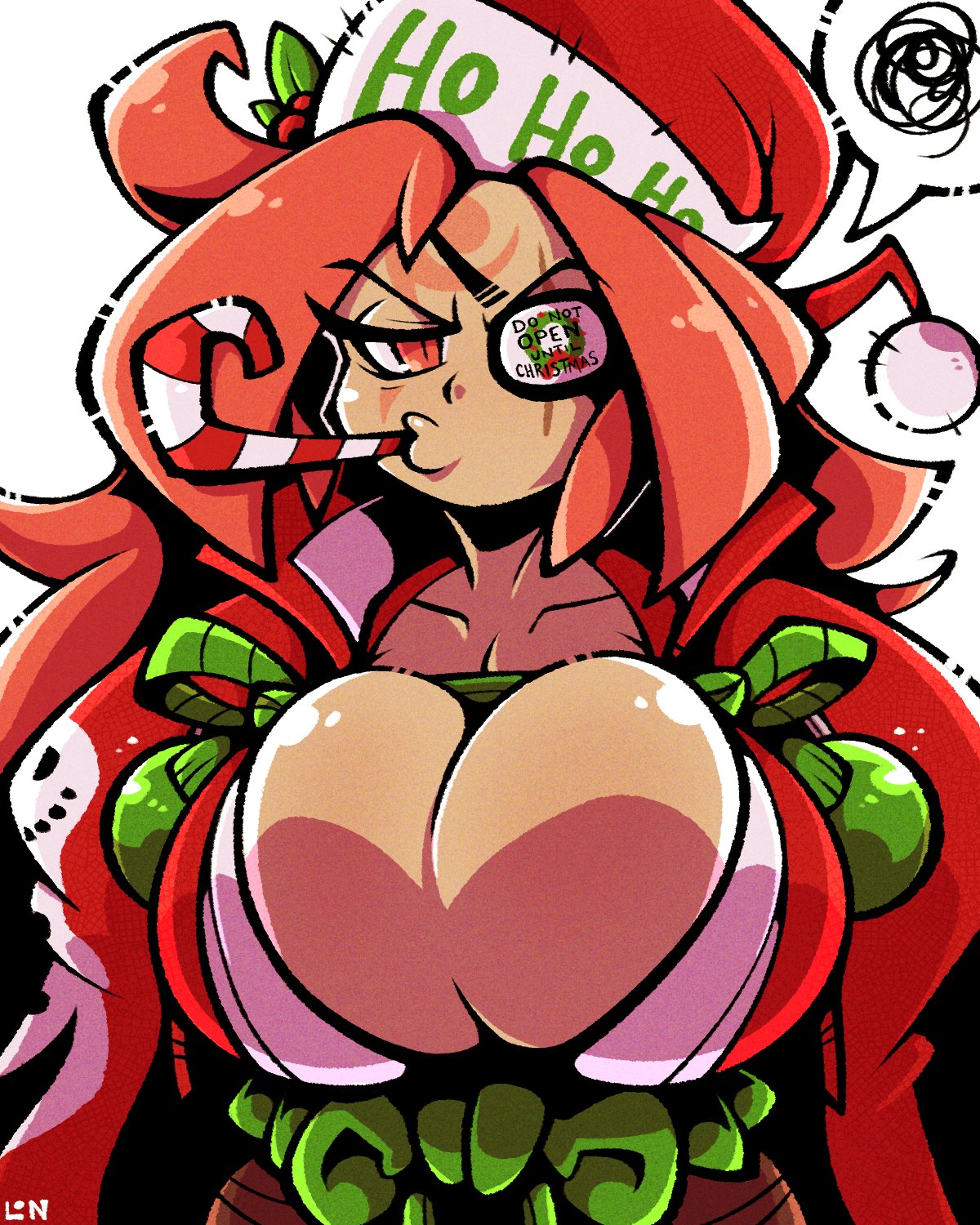 1girls baiken big_breasts breasts candy_cane candy_cane_in_mouth christmas cleavage eyewear ginger_hair guilty_gear large_breasts legendofnerd solo