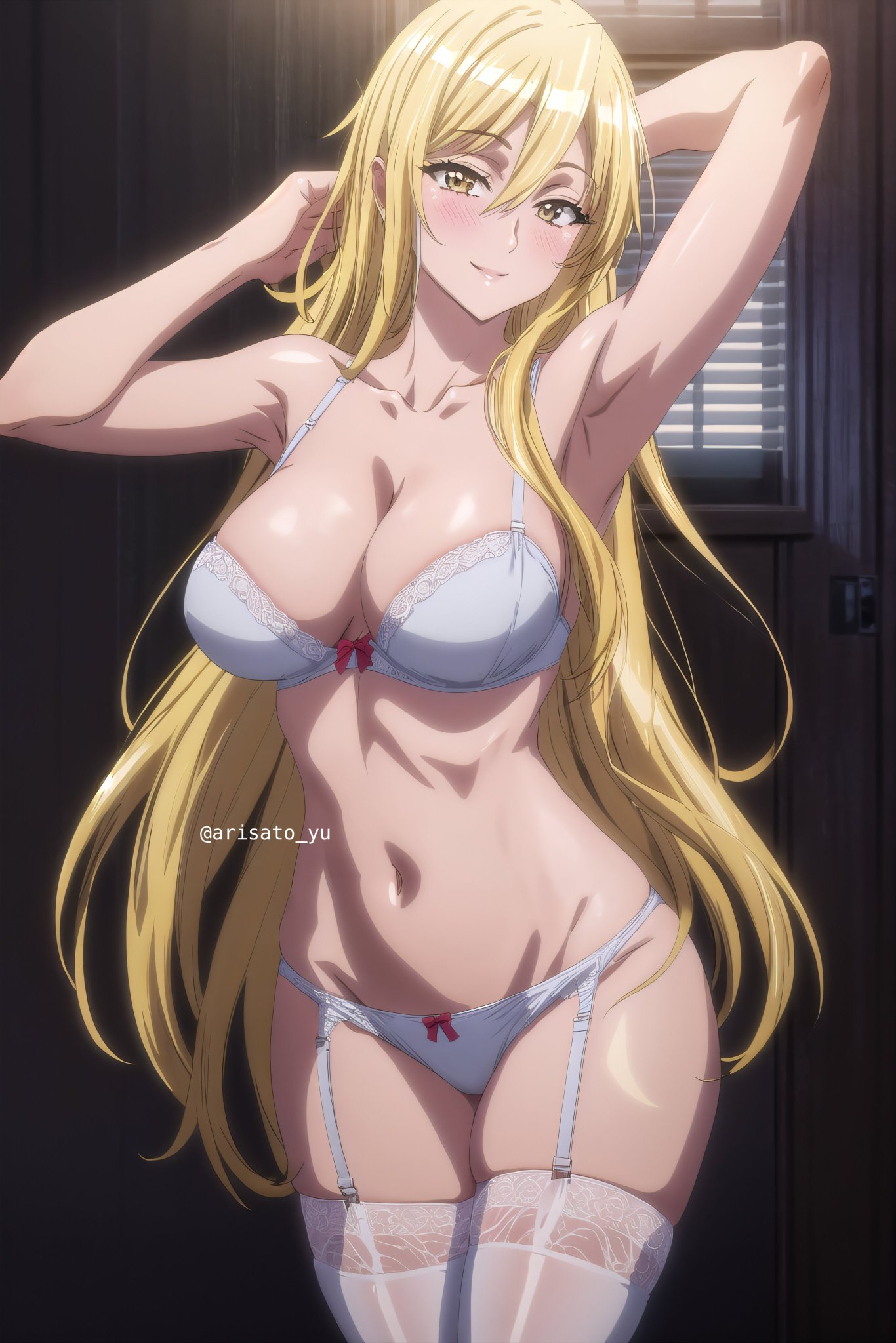 1girls, 2024, adult, adult female, ai generated, amber eyes, arisato yu, armpit, armpits, arms behind head, arms up, artist name, beige skin, big breasts, blonde, blonde female, blonde hair, blonde-haired female, blush, breasts, cleavage, female, highschool of the dead, indoors, large breasts, light skin, light-skinned female, lingerie, lingerie bra, lingerie panties, long hair, looking at viewer, matching hair/eyes, mature female, nurse, realistic breast size, realistic proportions, red ribbon, school nurse, shizuka marikawa, smile, solo, solo female, solo focus, stockings, straight hair, thick thighs, thighs, very long hair, white bra, white lingerie, white panties, white stockings, yellow eyes, yellow hair