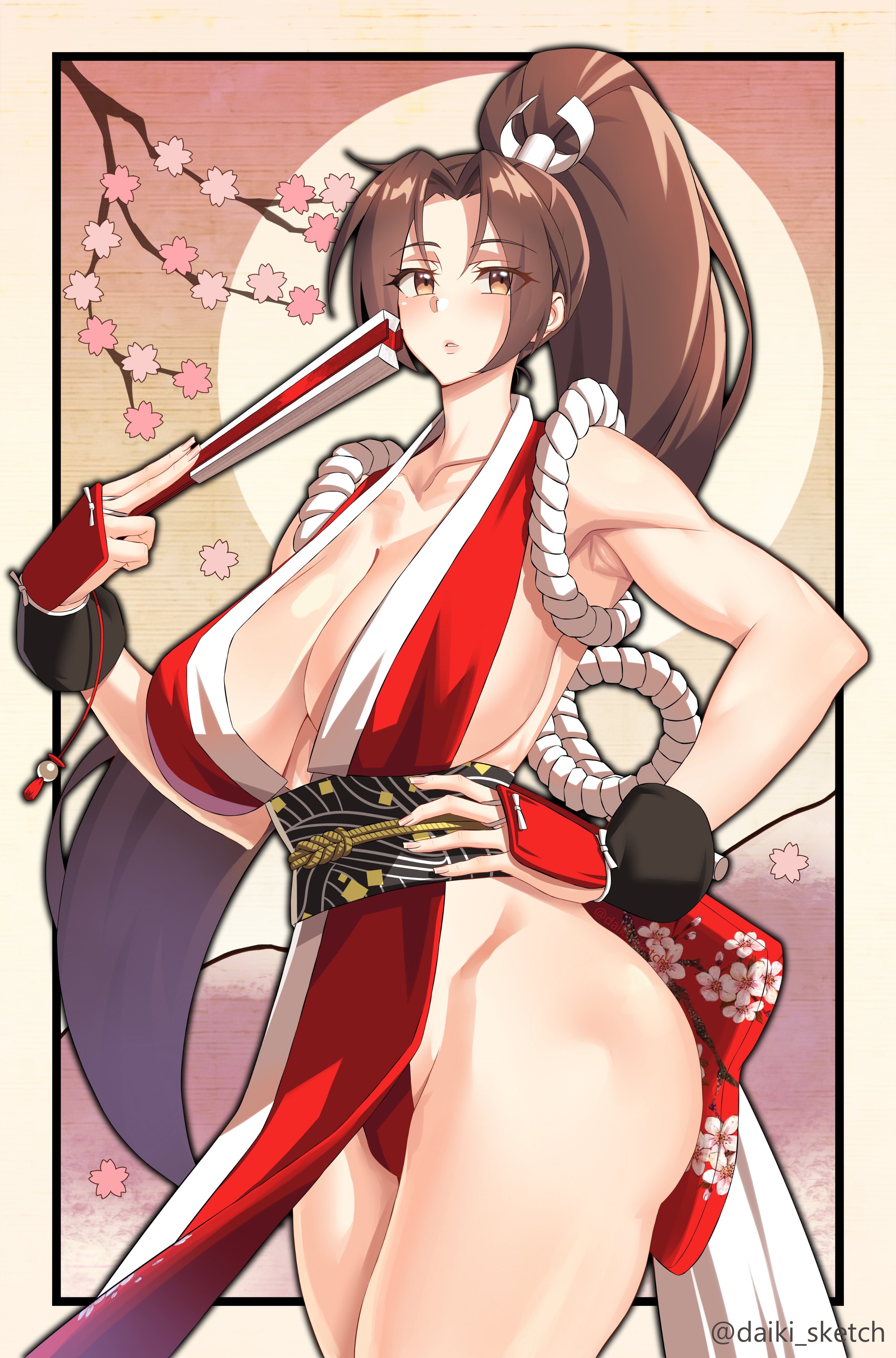 1girls, bare arms, bare legs, bare shoulders, bare thighs, big breasts, blush, breasts, breasts bigger than head, brown eyes, brown hair, clothed, clothing, color, daiki sketch, fatal fury, female, female focus, female only, hi res, king of fighters, large breasts, light skin, light-skinned female, long hair, looking at viewer, mai shiranui, massive breasts, no bra, ribbon, snk, solo, solo female, tagme, thick thighs