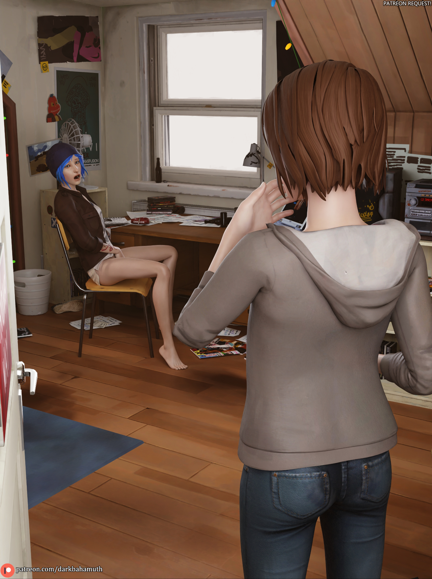 3d, ass, best friends, blue hair, brown hair, caught, caught in the act, caught masturbating, caught off guard, chloe price, darkbahamuth, dyed hair, embarrassed, feet, female, friends, grey hoodie, hand, hand on mouth, hand on pussy, hand over mouth, jeans, life is strange, masturbation, max caulfield, no panties, no pants, pantless, pussy, semi nude, shocked, shocked expression, sitting, tattoo, tattooed arm, tattoos, teenage female, teenager, touching pussy, touching self