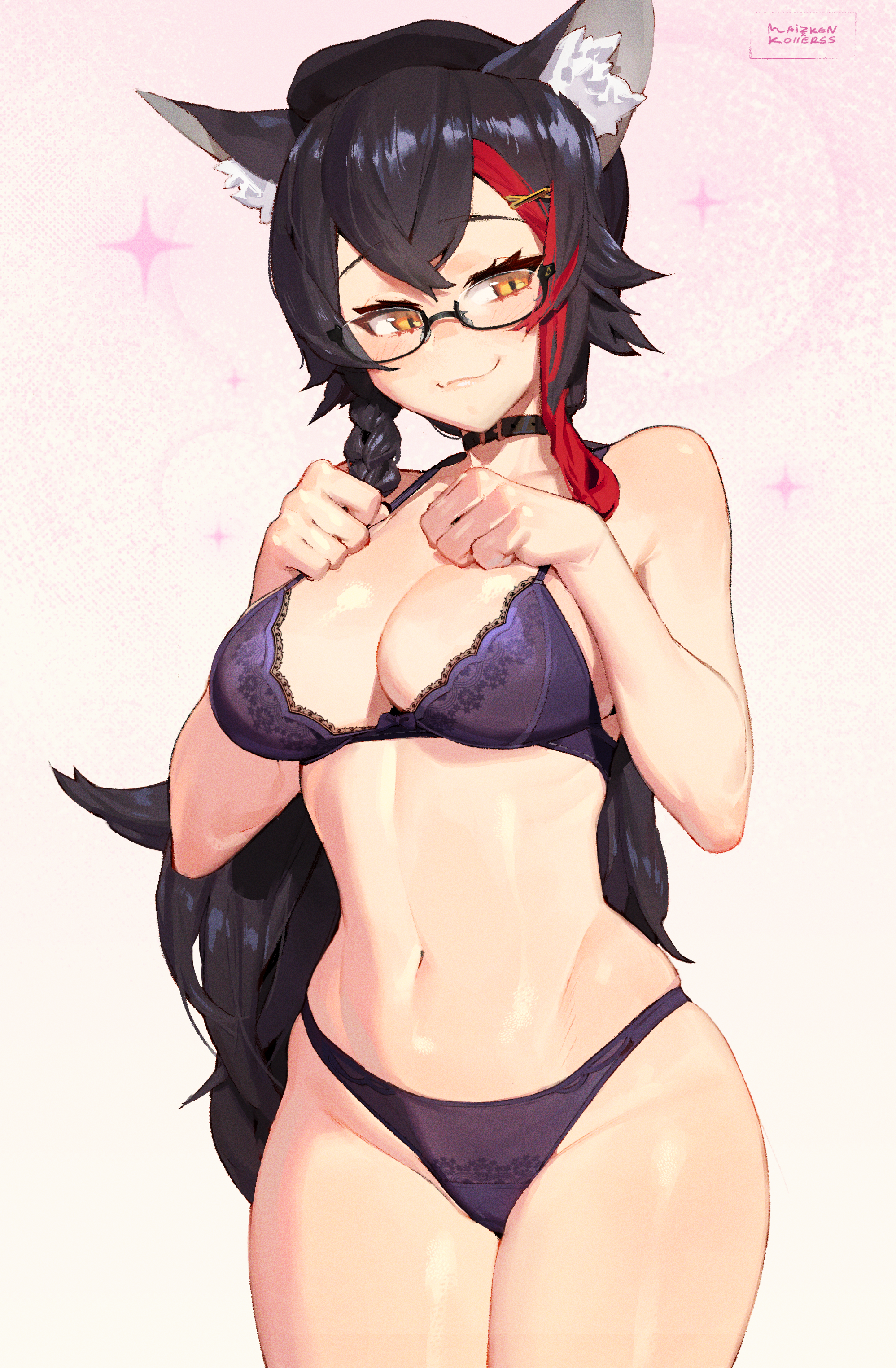:), 1girls, bare shoulders, belly, big breasts, black hair, bra, braided hair, breasts, chest, choker, cleavage, ear fluff, fangs, female, female only, hands on breasts, hands on own chest, hat, highres, hips, hololive, hololive gamers, hololive japan, kemonomimi, lace-trimmed bra, light skin, light-skinned female, lingerie, long hair, looking at viewer, looking down, looking down at viewer, maiz-ken, multicolored hair, navel, ookami mio, panties, paw pose, presenting, purple bra, purple lingerie, purple panties, purple underwear, smile, smug, solo, standing, stomach, thick thighs, thighs, underwear, virtual youtuber, waist, yellow eyes