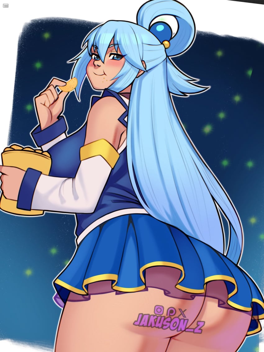 1girls, aqua (konosuba), ass, ass focus, big ass, blue eyes, blue hair, blue outfit, breasts, chips (food), eating, female, food, jakuson z, kono subarashii sekai ni shukufuku wo!, konosuba, light blue hair, skirt, smile, smiley face