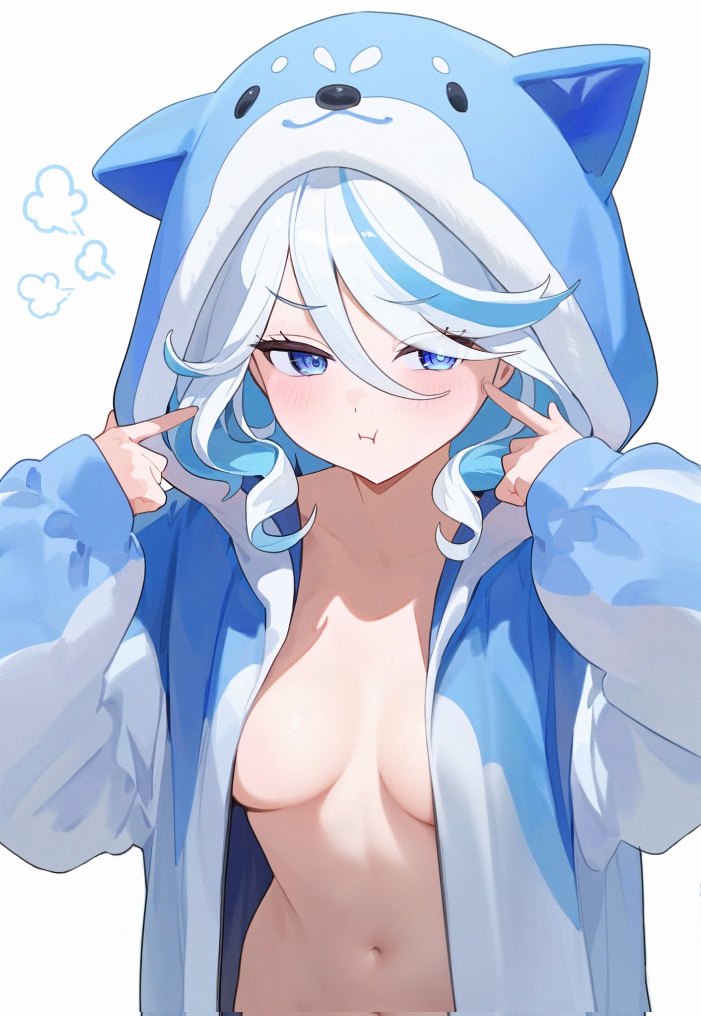 1girls, adorable, ai generated, blue eyes, breasts, cute, female, furina (genshin impact), genshin impact, hoodie, no bra, open clothing, pout, small breasts, solo, white hair