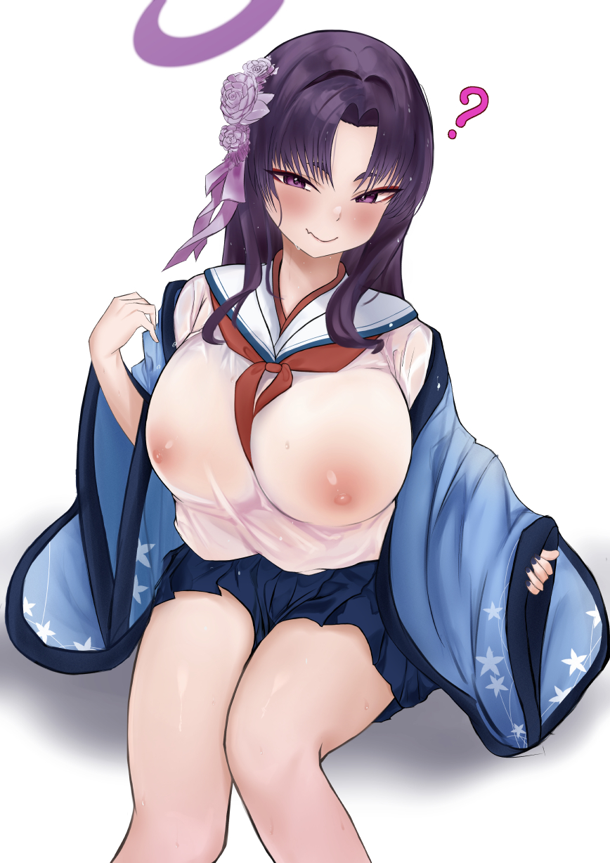 1girl 1girls 2023 ? allied_hyakkiyako_academy_student areola blue_archive blush female halo hyakkaryouran_conflict_resolution_council_(blue_archive) nail_polish nails nipples nipples_visible_through_clothing no_bra okurabitan purple_eyes purple_hair question_mark see-through see-through_clothing simple_background sitting skirt solo thighs wavy_mouth wet_clothes white_background yukari_(blue_archive)