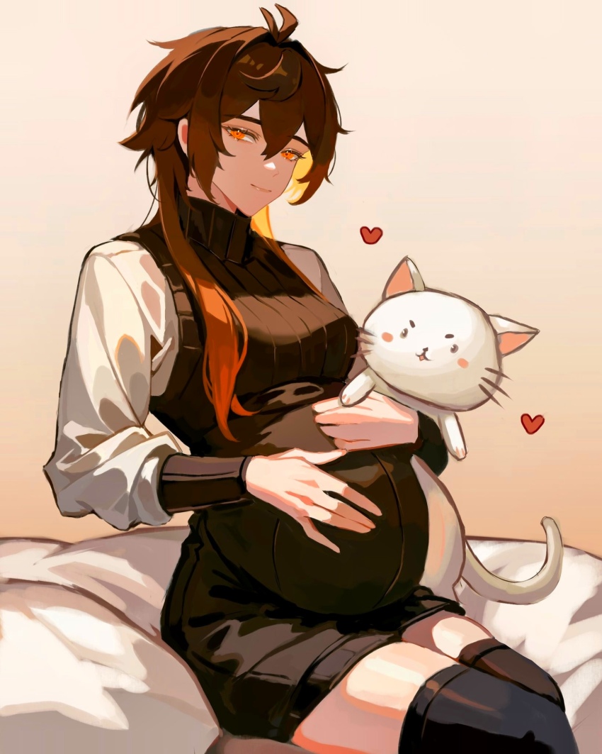 1girls egg_tangyuan(artist) feline female female_focus female_only genderswap_(mtf) genshin_impact hand_on_belly hand_on_own_stomach highres looking_at_viewer pregnant pregnant_belly pregnant_female rule_63 sitting solo zhongli_(genshin_impact) zhongli_jiejie