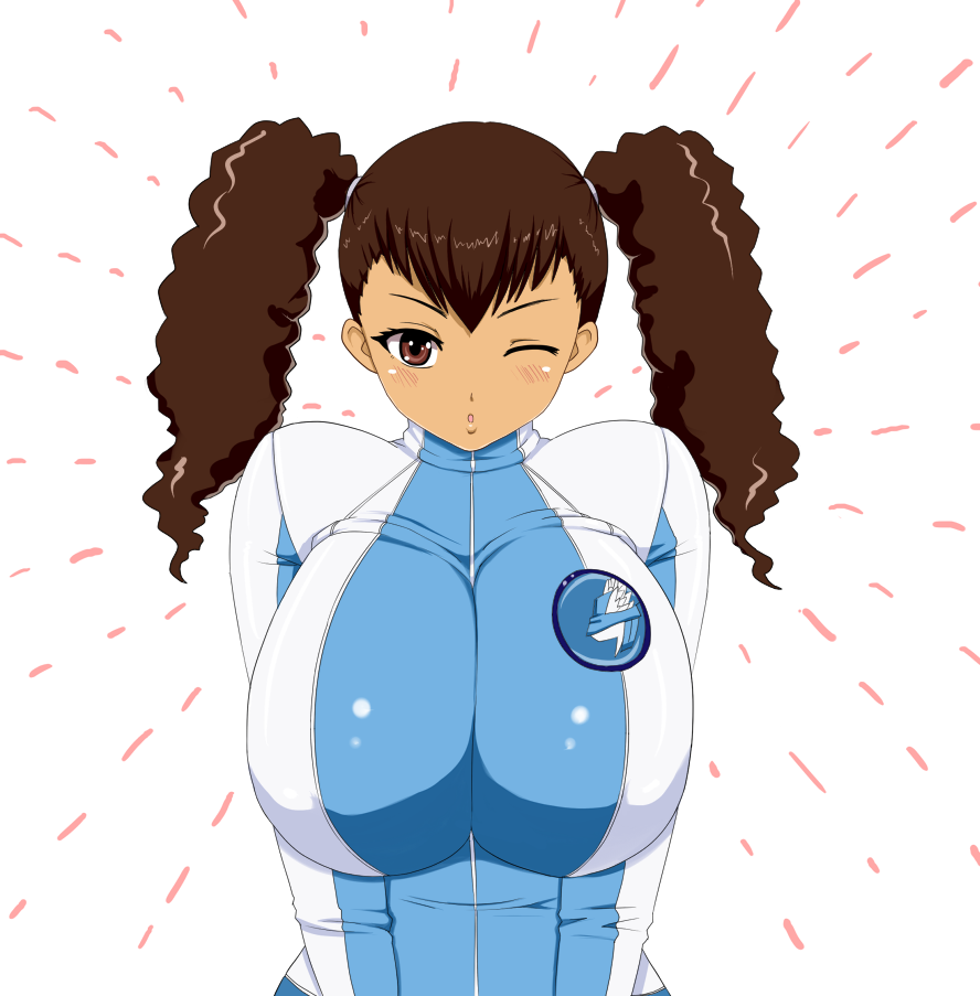 1girls 78_(tky8) ami_fujimiya dark-skinned_female dark_skin female history's_strongest_disciple_kenichi large_breasts only_female tight_clothing twintails winking