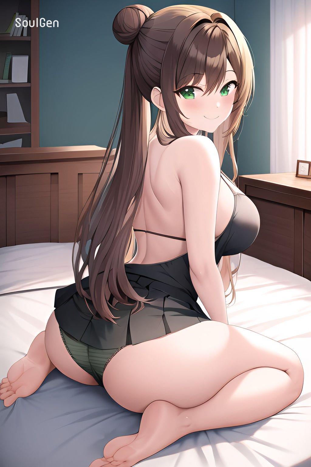 1girls ai_generated back_view bedroom brown_hair green_eyes original_character original_characters sitting underpants