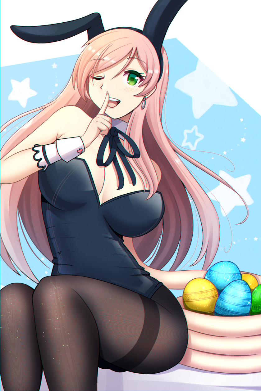 bunny_costume bunny_girl bunnysuit easter easter_egg elastic elongation female long_arms long_hair long_hair_female non-nude non_nude pantsudesu pink_hair saki_(pantsudesu) smile sole_female solo solo_female stretchy stretchy_arms superpowers tagme