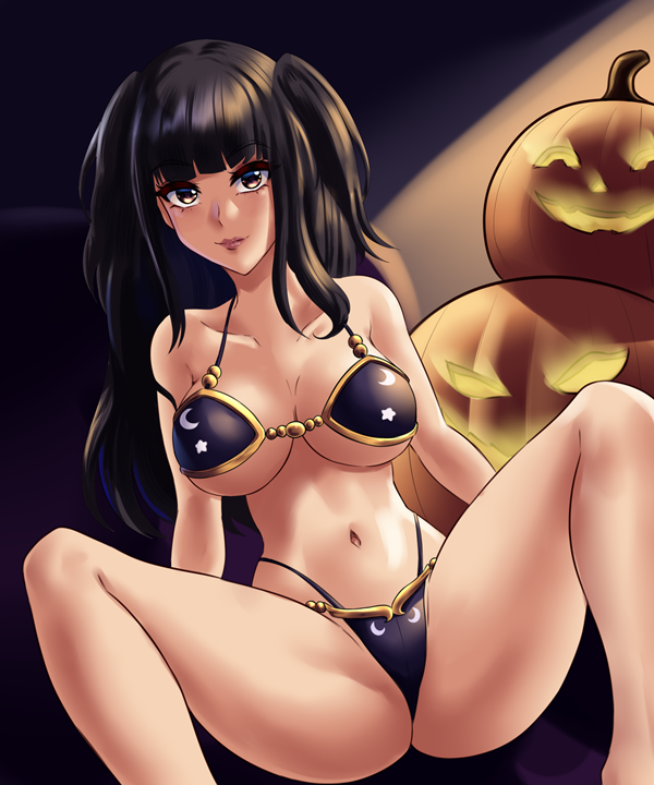 1girls alternate_costume bangs bare_legs bare_midriff bikini black_hair cape cleavage crescent female female_only fire_emblem fire_emblem_awakening halloween halloween_costume hat legs leonart long_hair looking_at_viewer midriff moon nintendo pink_eyes pumpkin revealing_clothes smile solo spread_legs star star_(symbol) tharja_(fire_emblem) underboob witch