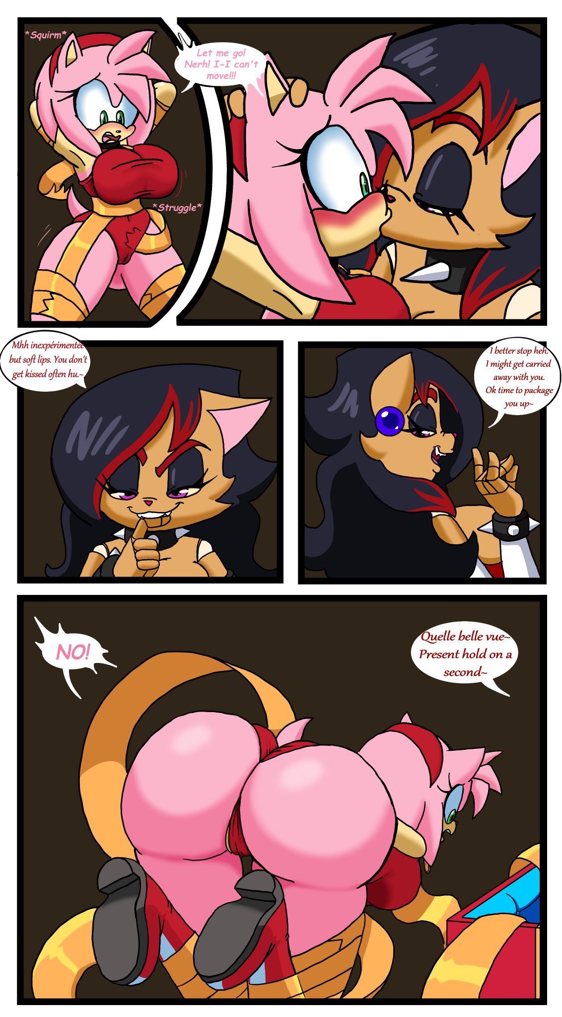 amy rose, ass, big ass, big breasts, biting lip, bondage, breasts, collar, female, forced, forced kiss, huge ass, huge breasts, kissing, lifting, lifting person, oc, onesie, original character, rape, restrained, roga14, sonic (series), sonic the hedgehog (series), yuri