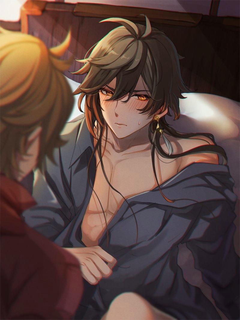 2boys bare_shoulders blush disheveled from_behind genshin_impact implied_yaoi iru_gnsn looking_to_the_side loose_clothes male multiple_boys tartaglia_(genshin_impact) yaoi zhongli_(genshin_impact)