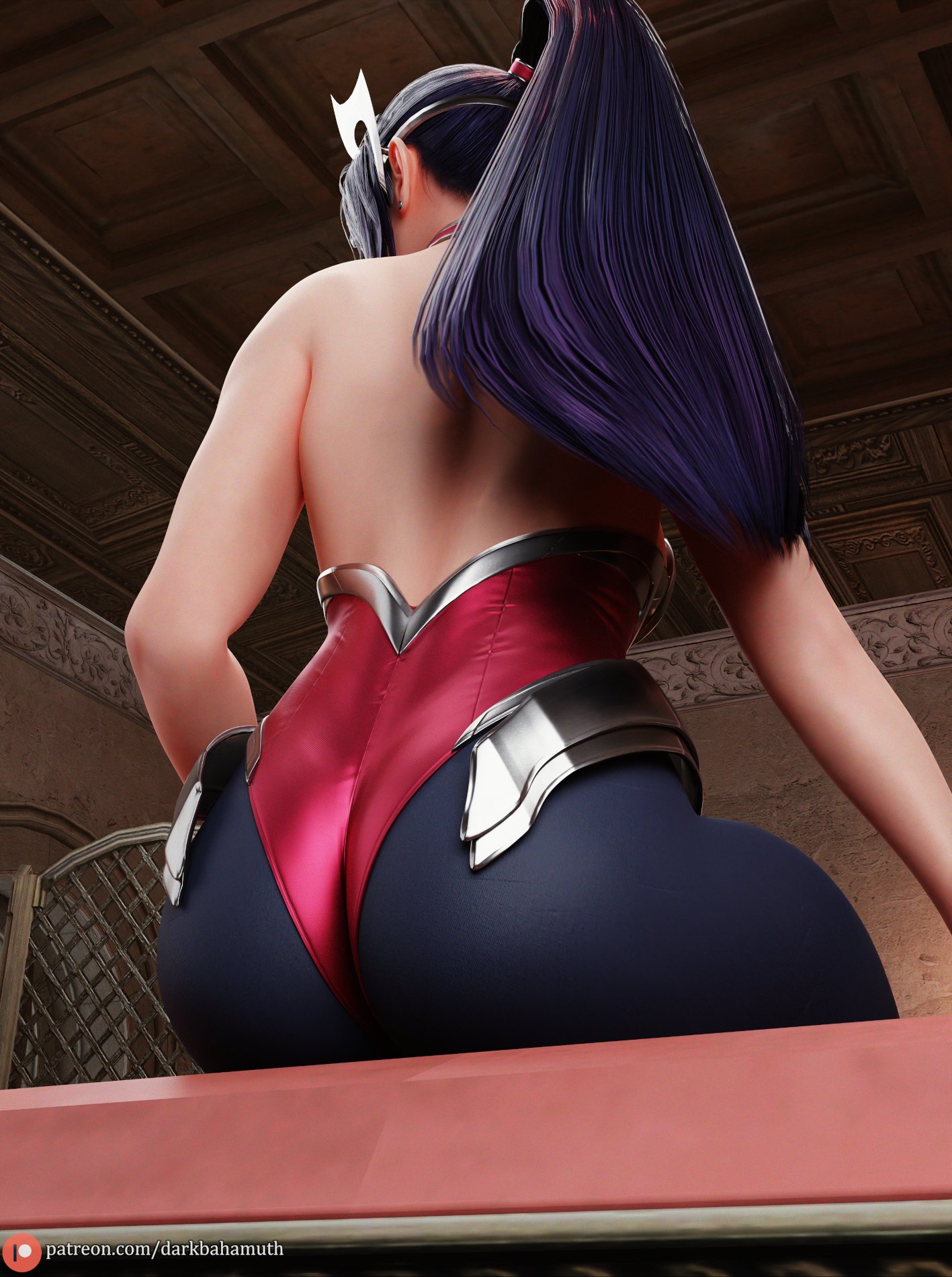 1girls, 3d, ass, ass cleavage, ass focus, bare arms, bare back, black hair, clothing, darkbahamuth, female, female only, from behind, from below, indoors, irelia xan, league of legends, long hair, long ponytail, patreon logo, patreon url, pinup, ponytail, sitting, solo
