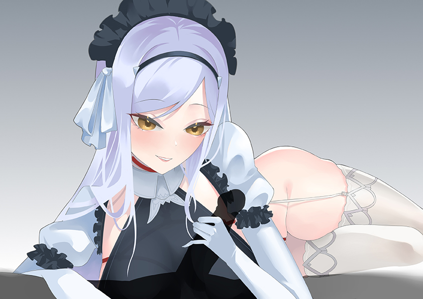 1boy 1girls alternate_costume black_lilith_(homemade_maid_uniform)_(last_origin) black_lilith_(last_origin) blue_hair blush breasts clothed_female_nude_male handjob huge_breasts last_origin light-skinned_female light_skin maid maid_headdress maid_uniform male_silhouette official_alternate_costume penis_silhouette silhouette wa._(wa05014) yellow_eyes