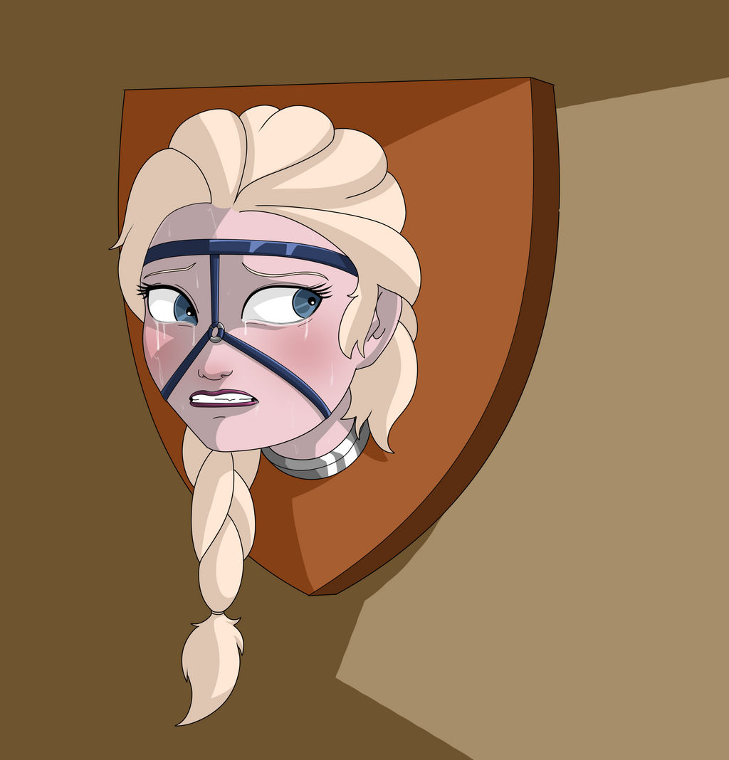 bondage clenched_teeth crying crying_with_eyes_open disney disney_princess elsa_(frozen) face_harness frozen_(film) human_trophy litbdsm literaturabdsm living_trophy tears through_wall trophy_head